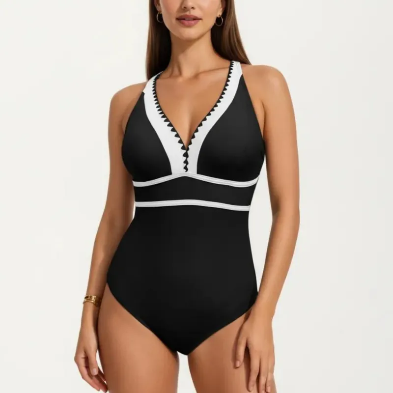 Anna-Kaci Swim Women's One Piece Swimsuit with Deep V Neck Contrast Trim and Sculpted Waist Design made by Anna-Kaci