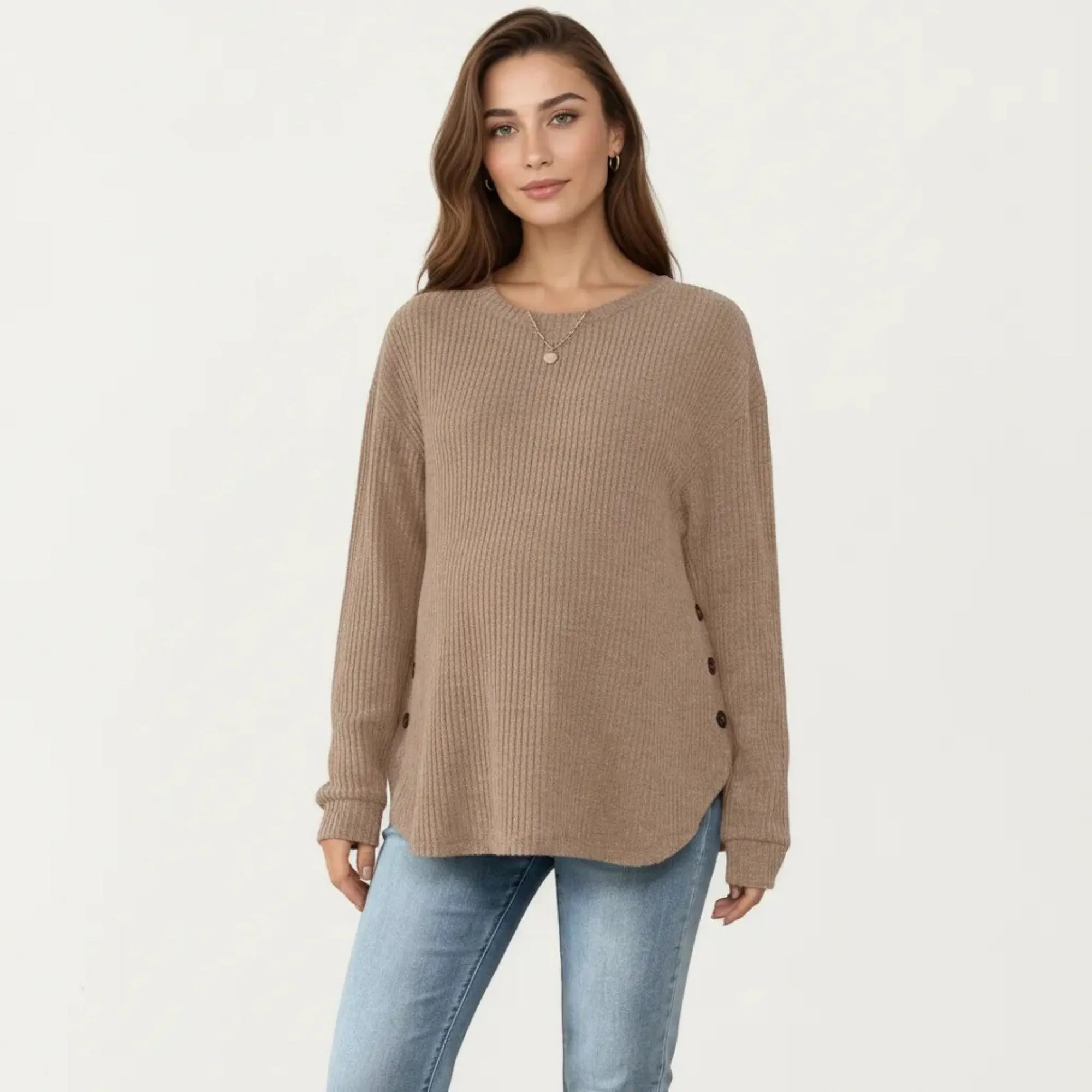 Anna-Kaci Women's Maternity Long Sleeve Ribbed Knit Top with Crew Neck Side Button Detail sold by Anna-Kaci product image thumbnail 2