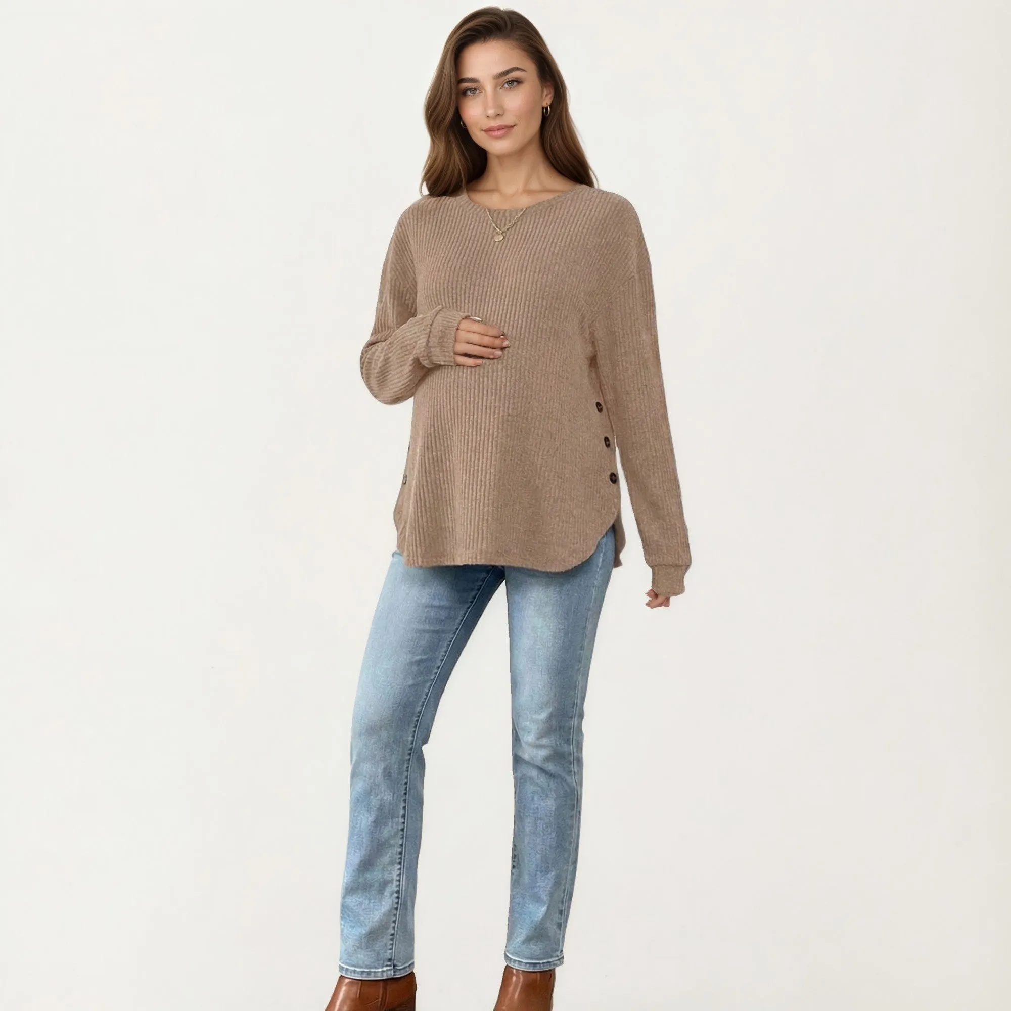 Anna-Kaci Women's Maternity Long Sleeve Ribbed Knit Top with Crew Neck Side Button Detail sold by Anna-Kaci product image thumbnail 3