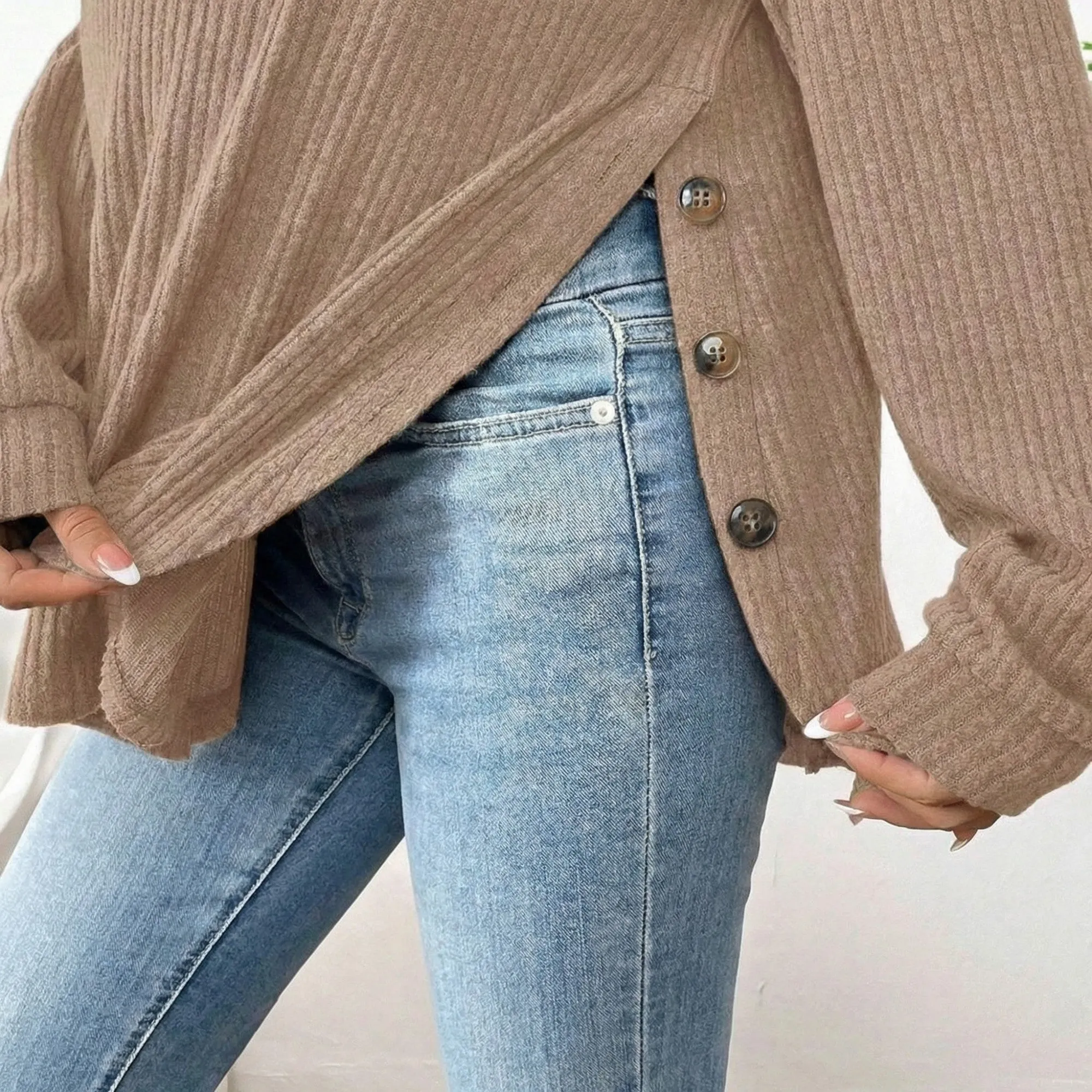 Anna-Kaci Women's Maternity Long Sleeve Ribbed Knit Top with Crew Neck Side Button Detail sold by Anna-Kaci product image thumbnail 4
