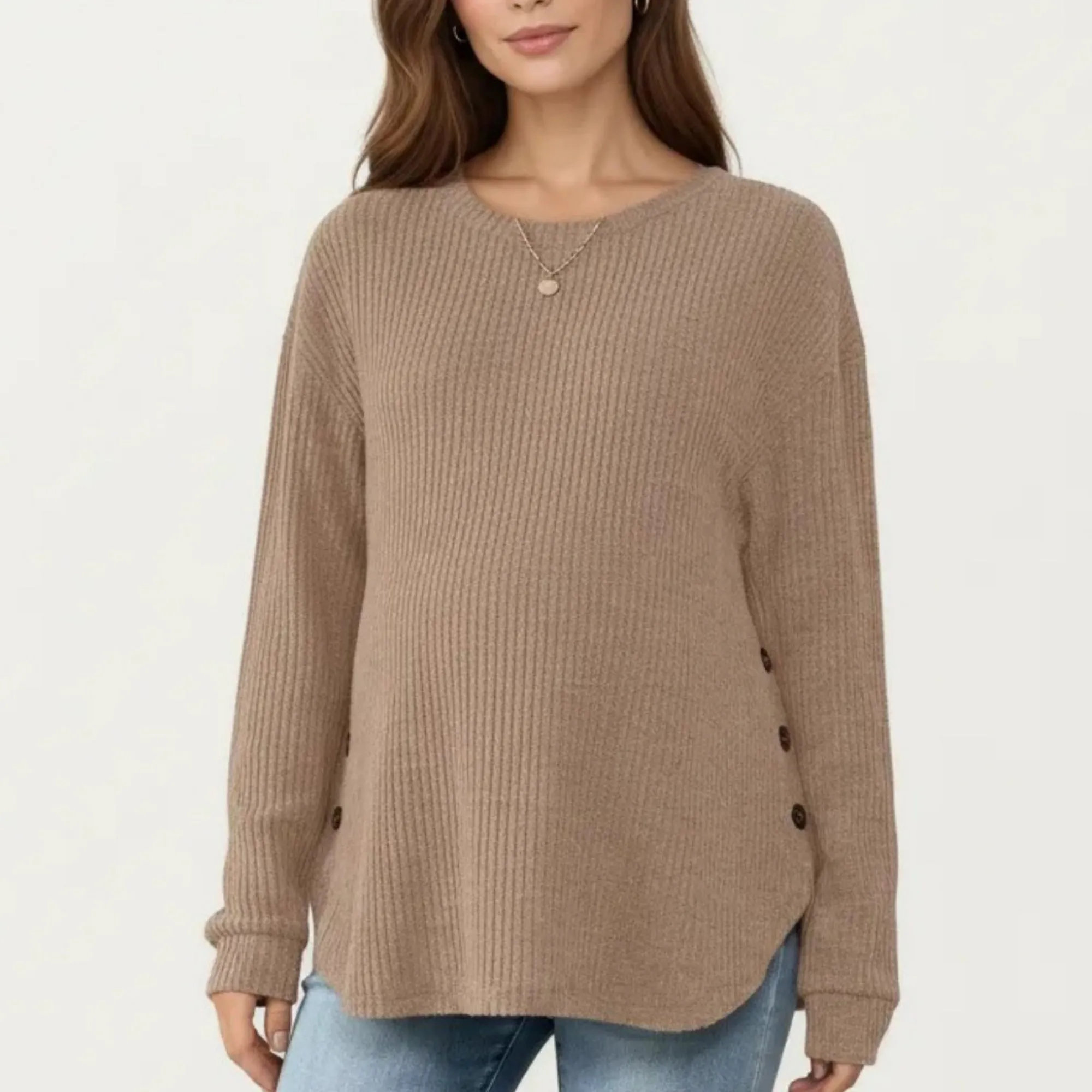 Anna-Kaci Women's Maternity Long Sleeve Ribbed Knit Top with Crew Neck Side Button Detail sold by Anna-Kaci
