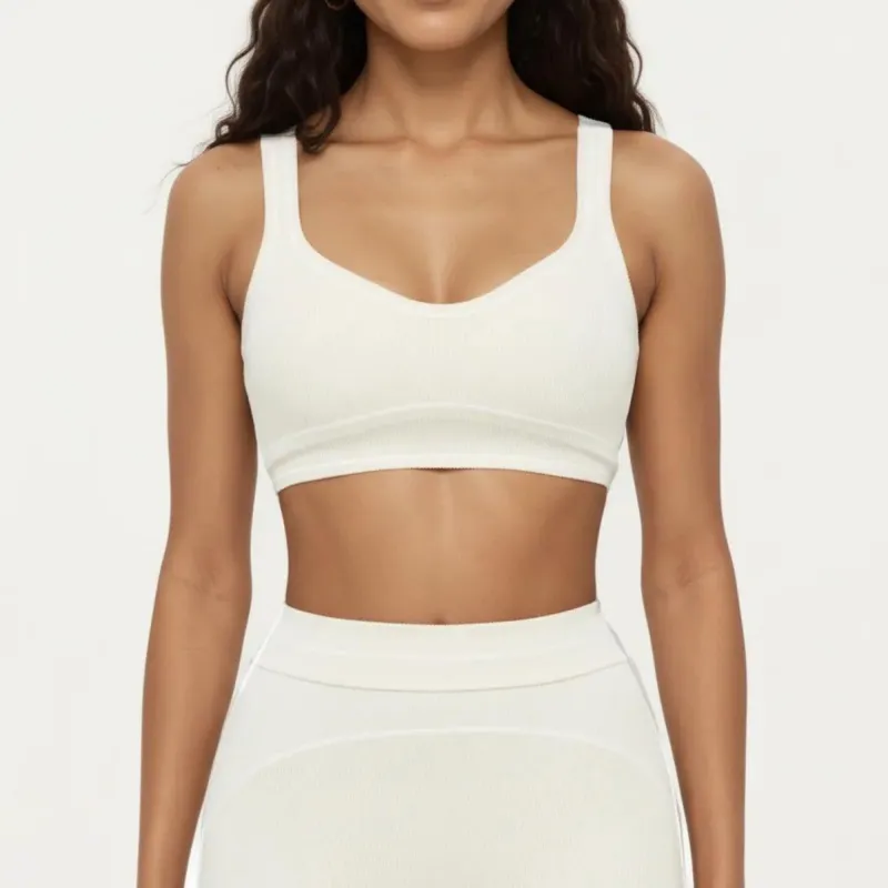 Anna-Kaci Active Women's Ribbed Fitted Sports Bra Top with Scoop Neck Contrast Trim and Medium Support made by Anna-Kaci