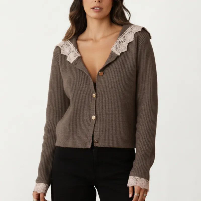 Anna-Kaci Women's Long Sleeve Ribbed Knit Top with Lace Trim Collar and Button Front Detail sold by Anna-Kaci