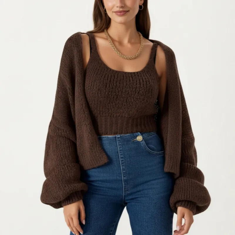 Anna-Kaci Women's 2-Piece Knit Tank and Cardigan Set with Ribbed Texture Scoop Neck and Long Sleeves made by Anna-Kaci