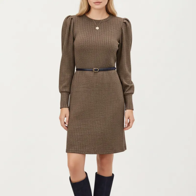 Anna-Kaci Women's Long Sleeve Ribbed Knit Dress with Puff Shoulders, Crew Neckline, and Soft Stretch Fit sold by Anna-Kaci