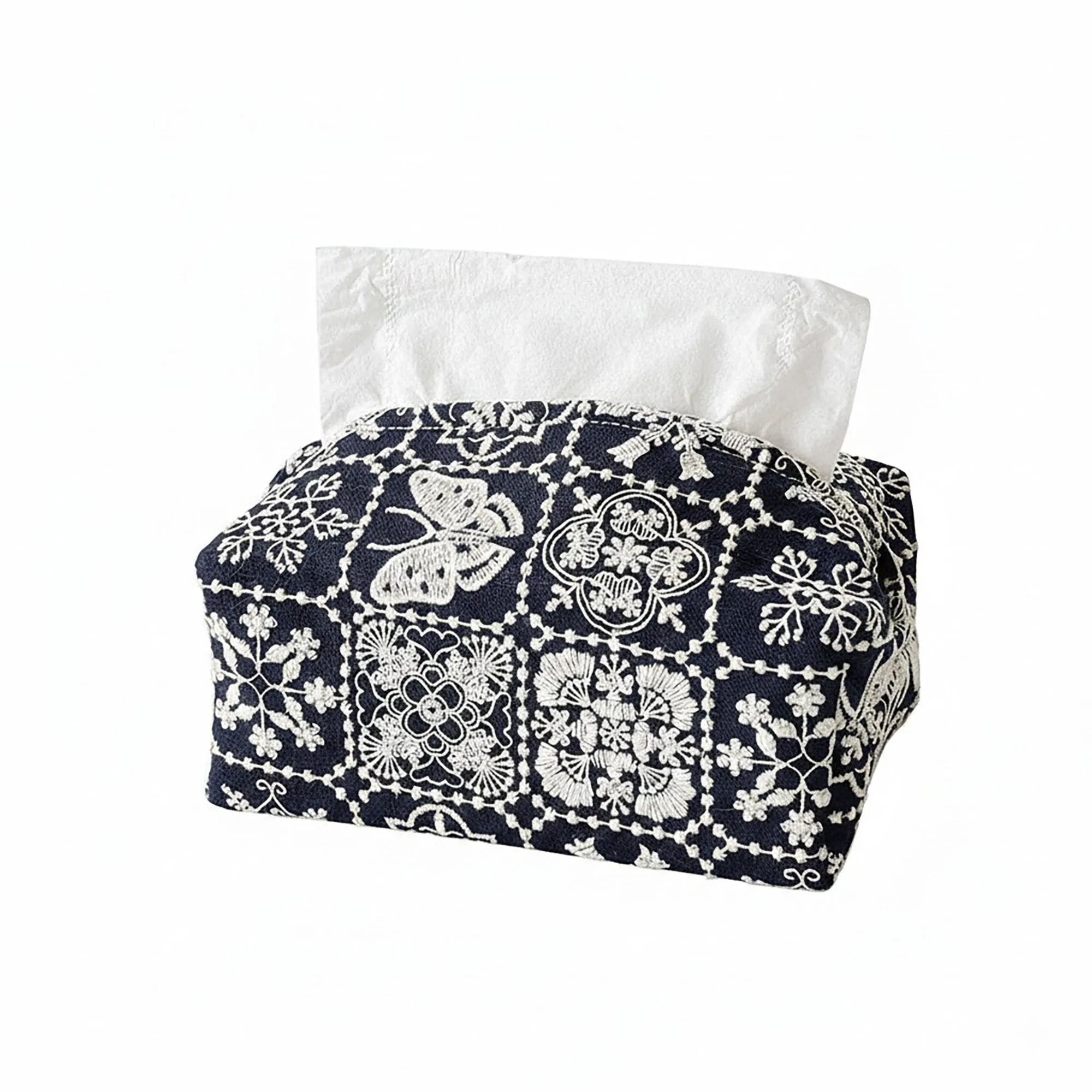 Anna-Kaci Embroidered Fabric Tissue Holder with Patchwork Pattern Design sold by Anna-Kaci