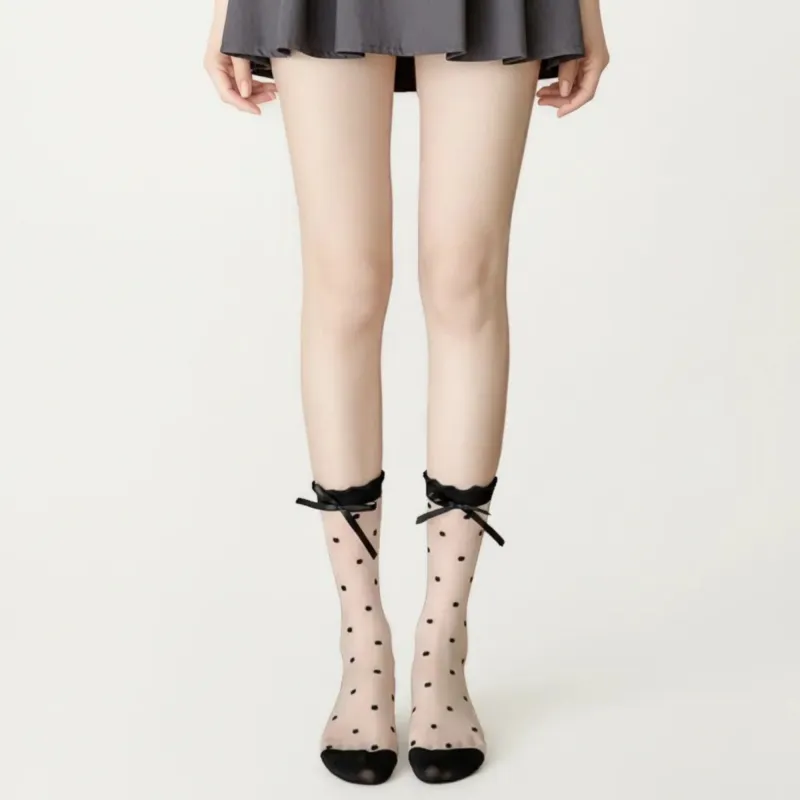 Anna-Kaci Women's Sheer Polka Dot Crew Socks 3 Piece Set with Bow Trim Lightweight Dress Socks sold by Anna-Kaci