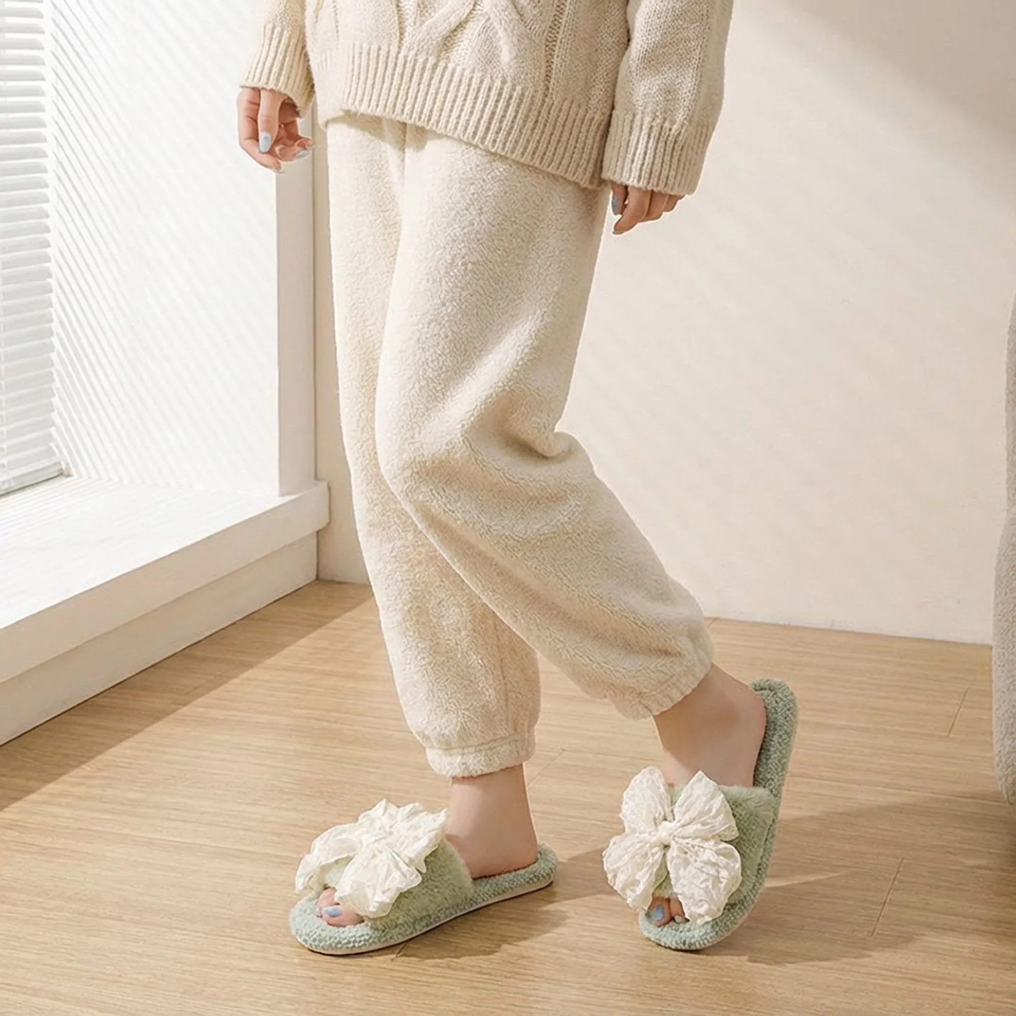 Anna-Kaci Lounge Women's Plush Slide House Slippers with Valentine Ruffled Bow Detail and Cushioned Footbed sold by Anna-Kaci product image thumbnail 3