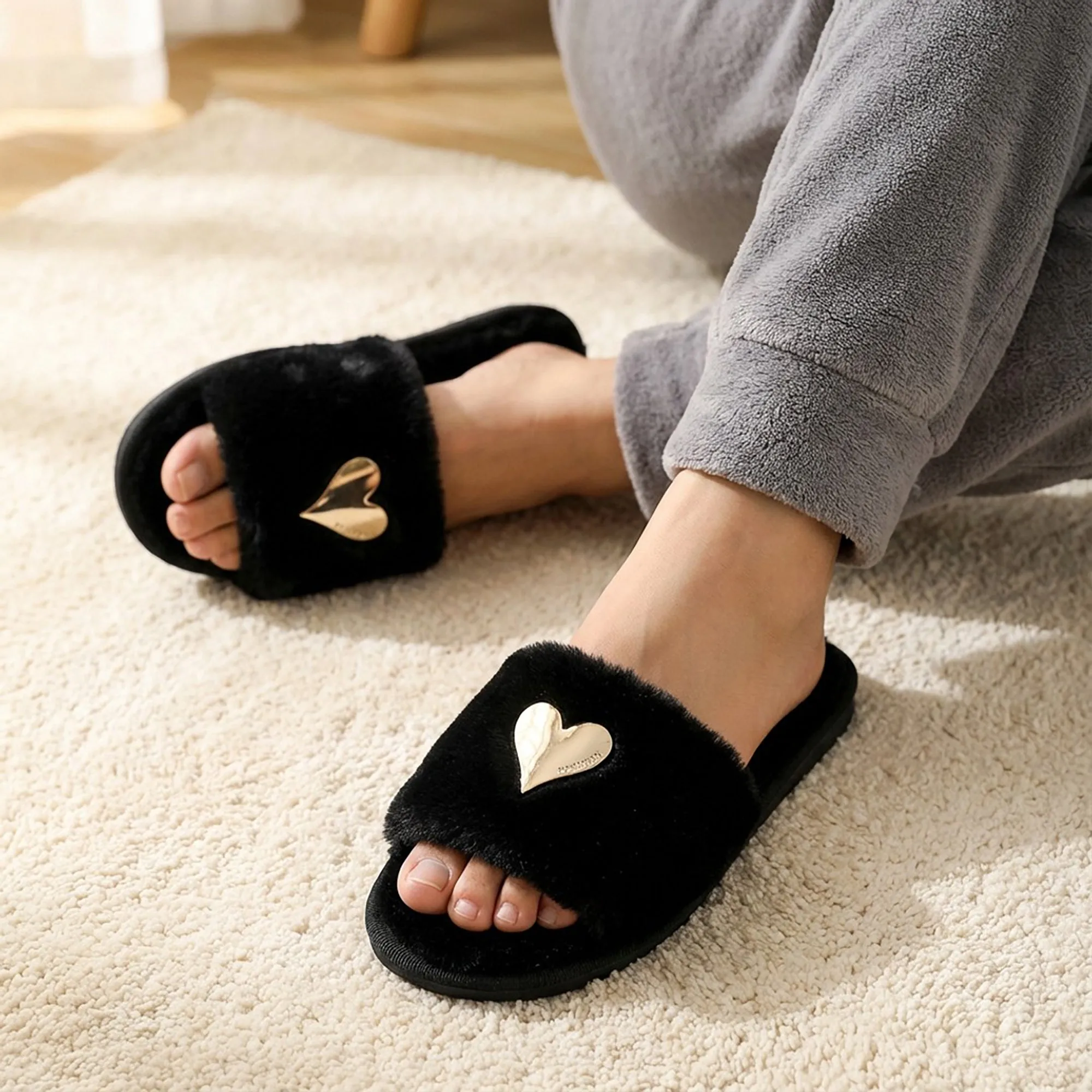 Anna-Kaci Lounge Women's Plush Slide House Slippers with Valentine Metallic Heart Accent and Cushioned Footbed sold by Anna-Kaci product image thumbnail 3