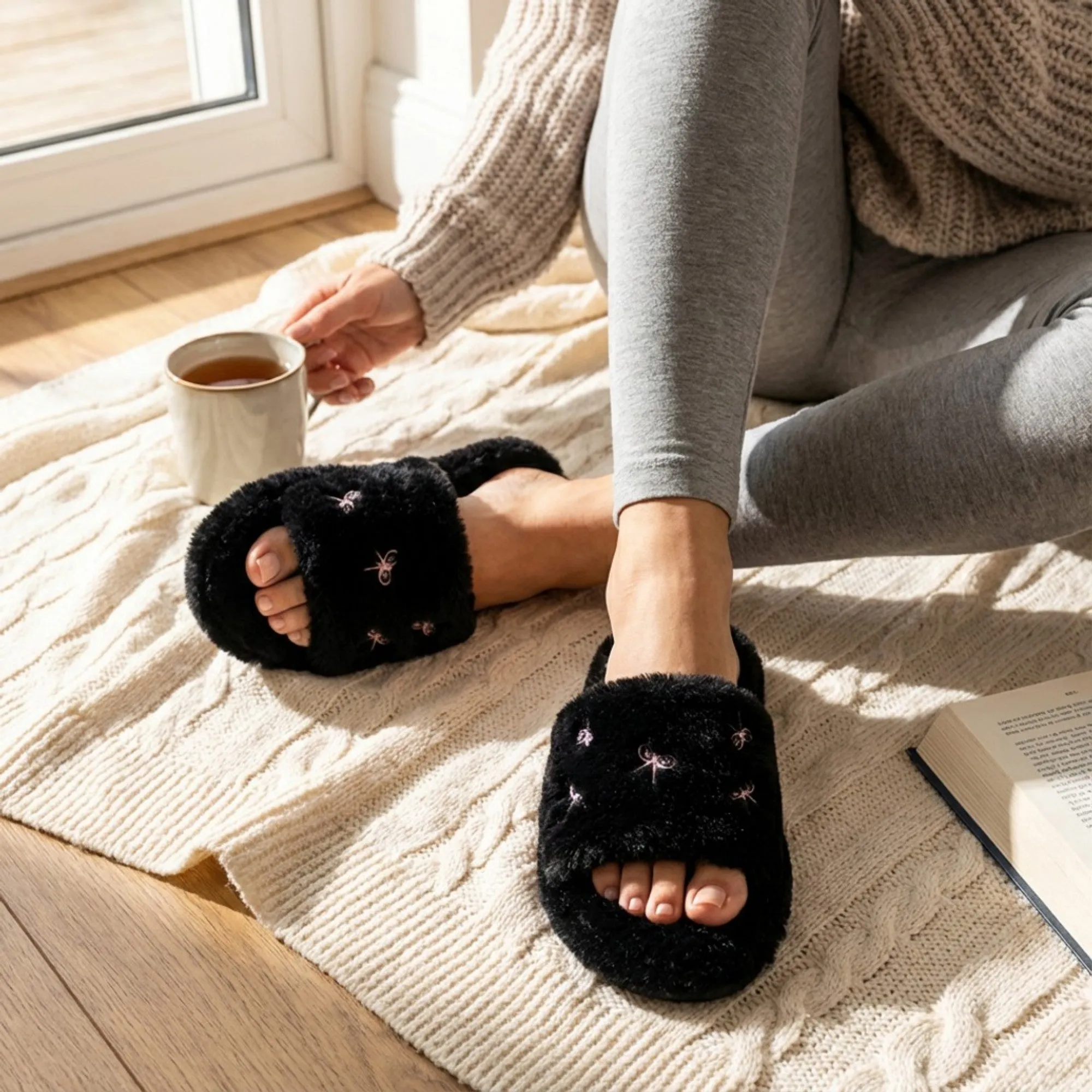 Anna-Kaci Lounge Women's Valentine Plush Slide House Slippers with Embroidered Bow Detail and Soft Cushioned Footbed sold by Anna-Kaci product image thumbnail 3