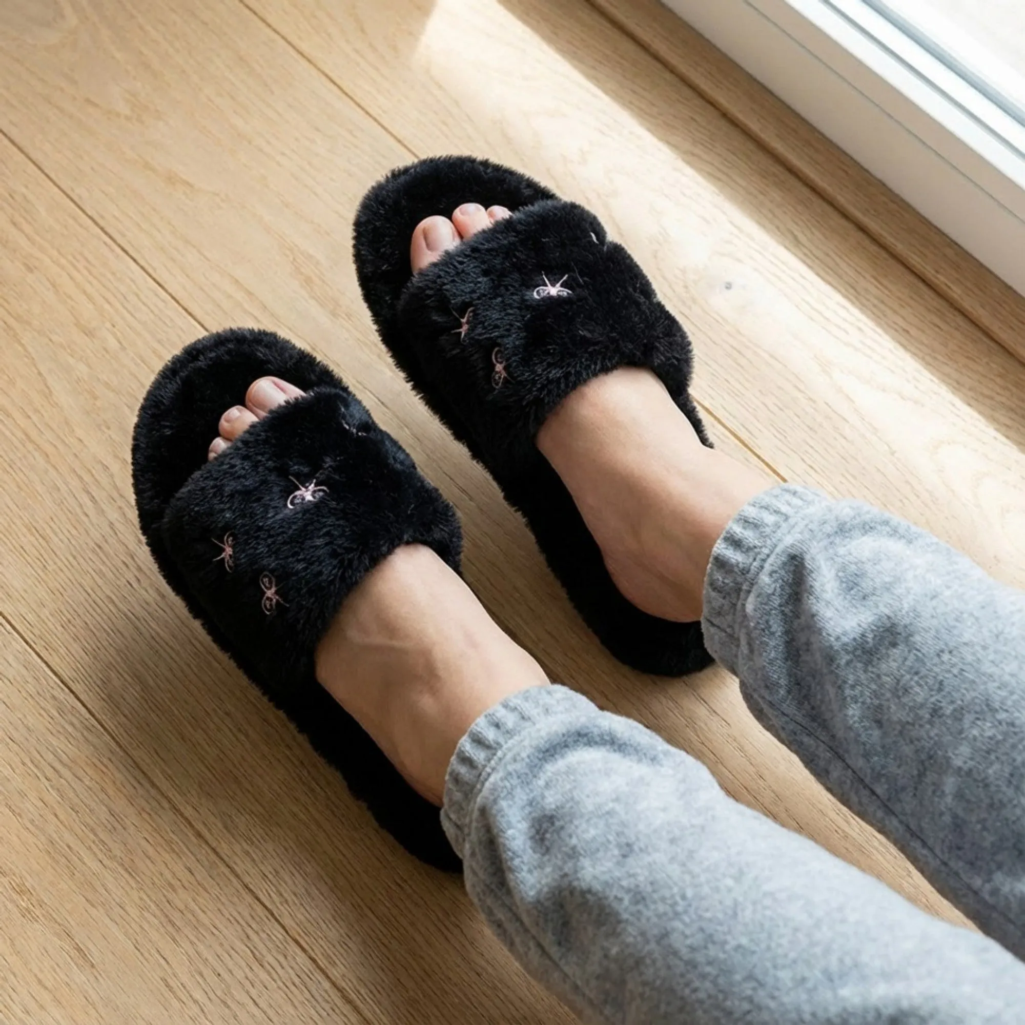 Anna-Kaci Lounge Women's Valentine Plush Slide House Slippers with Embroidered Bow Detail and Soft Cushioned Footbed sold by Anna-Kaci product image thumbnail 4