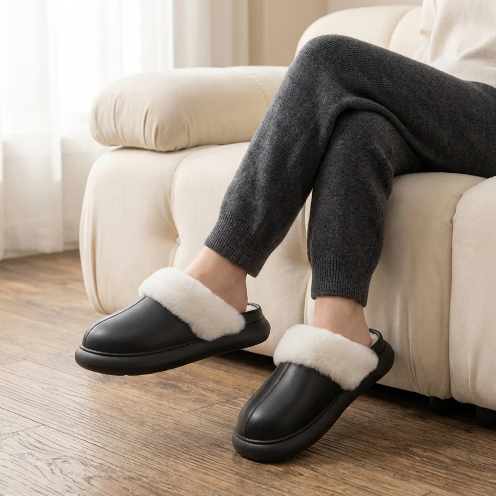 Anna-Kaci Lounge Women's Closed Toe Mule House Slippers with Smooth Upper and Plush Faux Shearling Trim sold by Anna-Kaci product image thumbnail 3