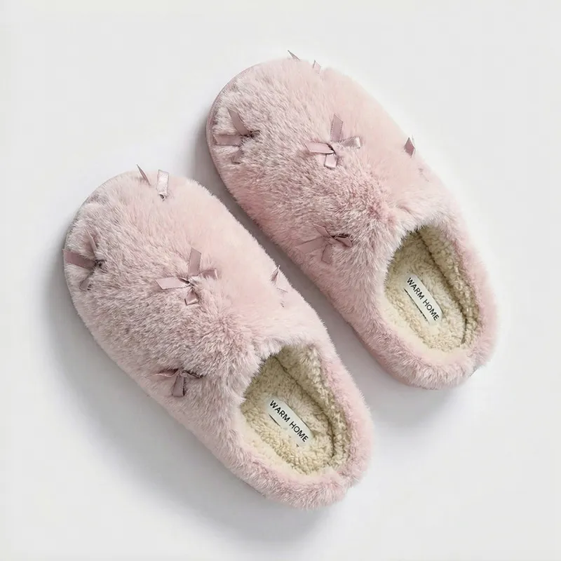 Anna-Kaci Lounge Women's Valentine Plush Closed Toe Slide House Slippers with Mini Bow Accents and Cushioned Sole made by Anna-Kaci
