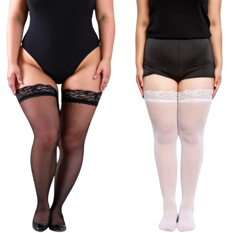 Anna-Kaci 2pcs Women's Lace Top Thigh High Stockings Sheer Smooth Finish Stretch Hold-Up Design and Delicate Floral Trim Detail made by Anna-Kaci