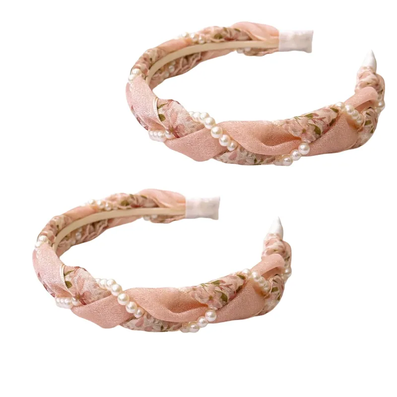 Anna-Kaci 2pcs Twisted Floral Fabric Headband with Pearl Embellishment and Knotted Design 6x6.3in made by Anna-Kaci
