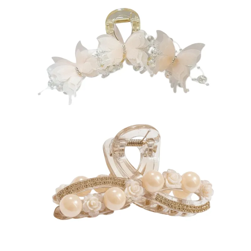 Anna-Kaci Beaded Flower Metal Hair Claw Clip with Curved Design and Textured Accents made by Anna-Kaci