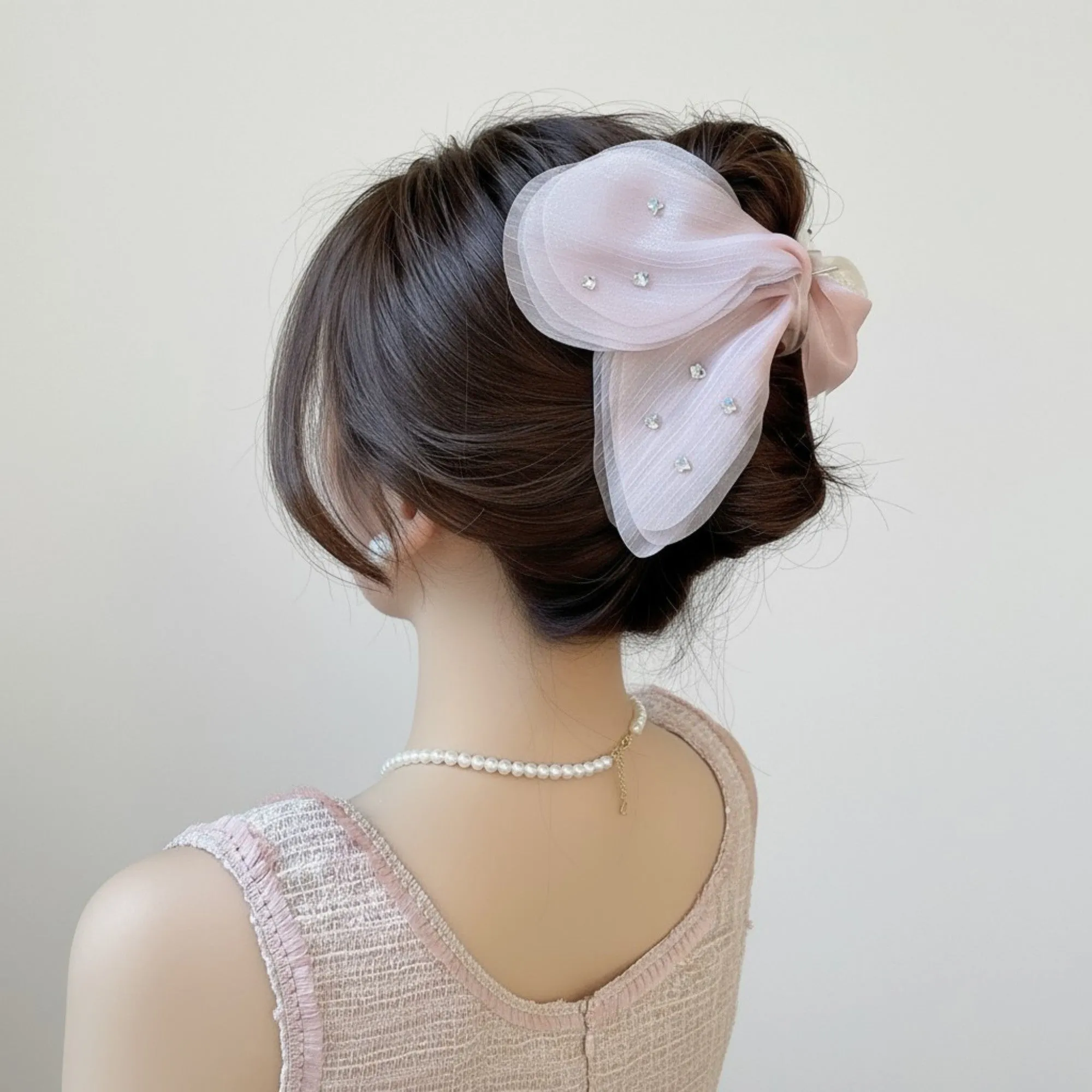 Anna-Kaci 2pcs Sheer Organza Bow Hair Clip with Rhinestone Embellishments and Elegant Layered Design sold by Anna-Kaci