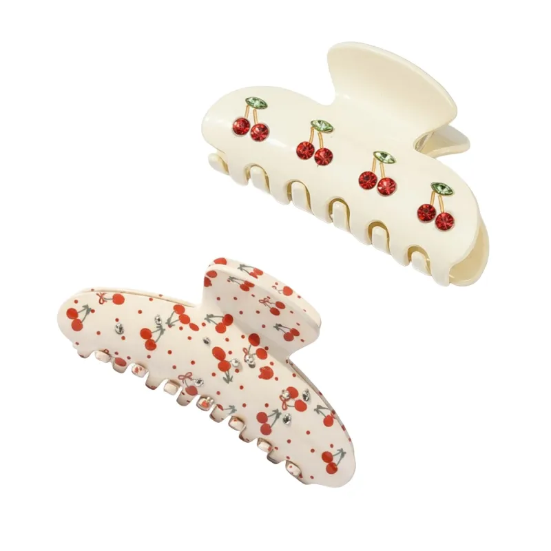 Anna-Kaci 2pcs per set Cherry Print Acrylic Hair Claw Clip with Curved Design and Strong Grip made by Anna-Kaci