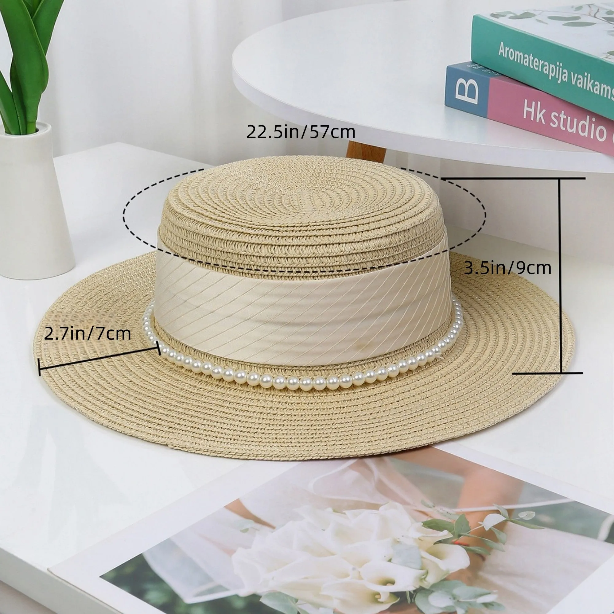 Anna-Kaci Women's Straw Boater Hat with Flat Brim Structured Crown Pearl Ribbon Band Detail sold by Anna-Kaci product image thumbnail 5