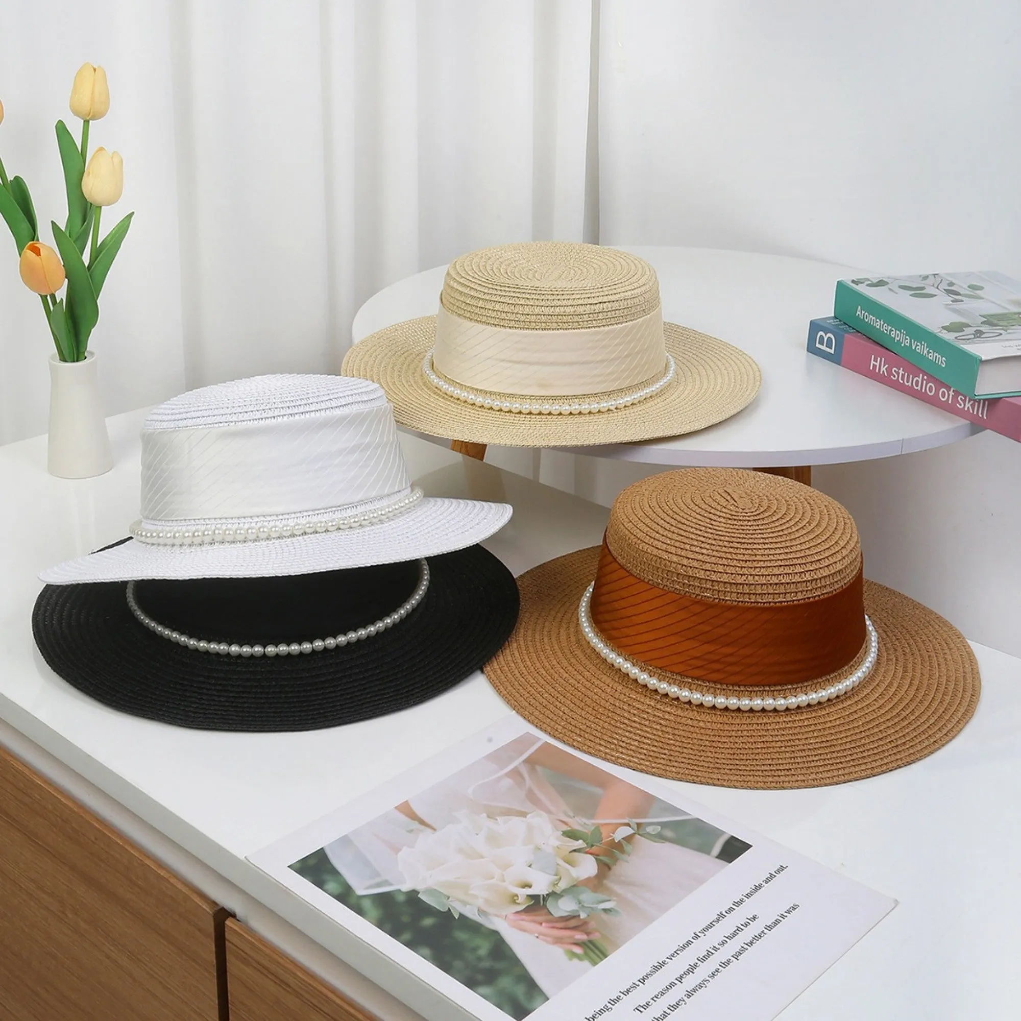 Anna-Kaci Women's Straw Boater Hat with Flat Brim Structured Crown Pearl Ribbon Band Detail sold by Anna-Kaci product image thumbnail 2