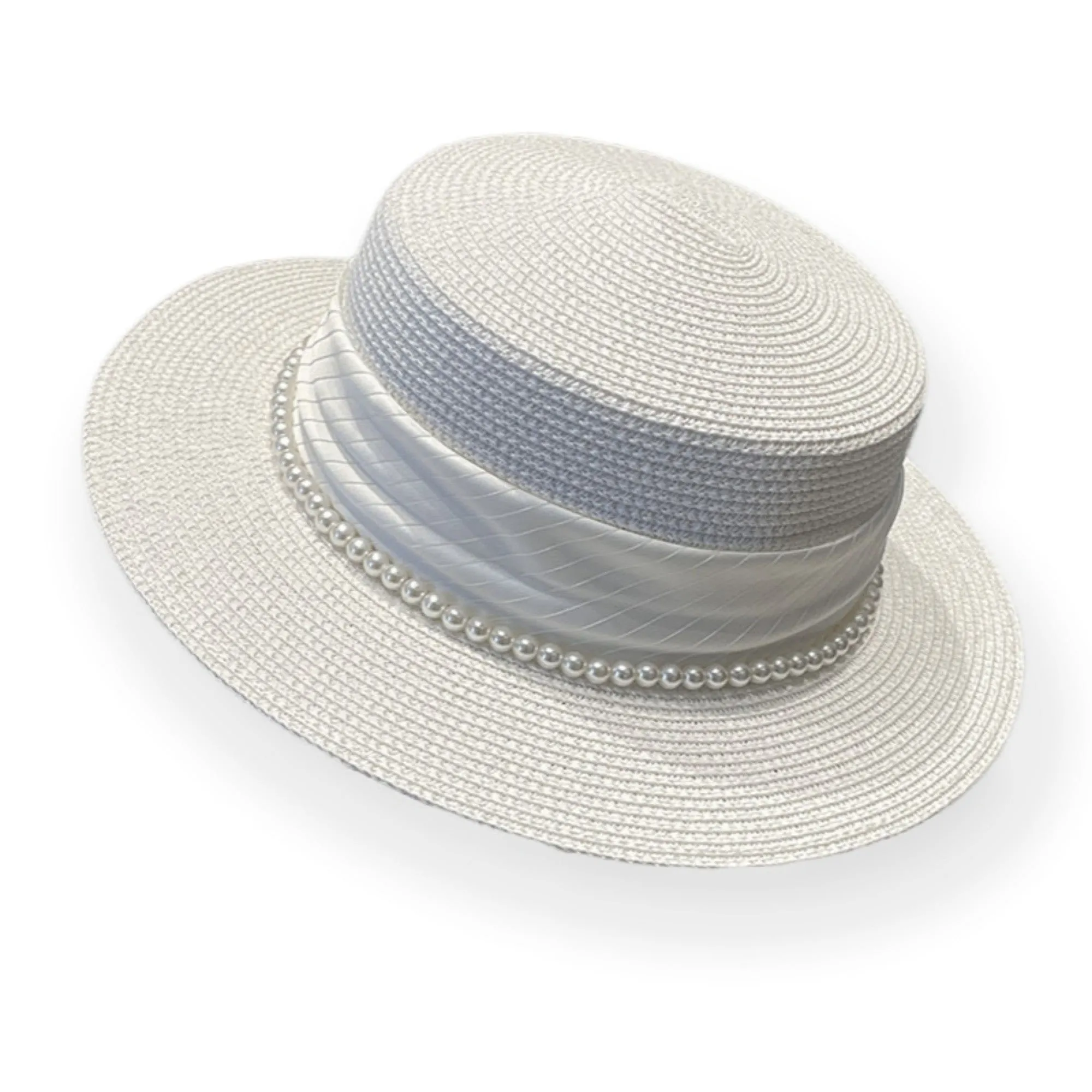 Anna-Kaci Women's Straw Boater Hat with Flat Brim Structured Crown Pearl Ribbon Band Detail sold by Anna-Kaci