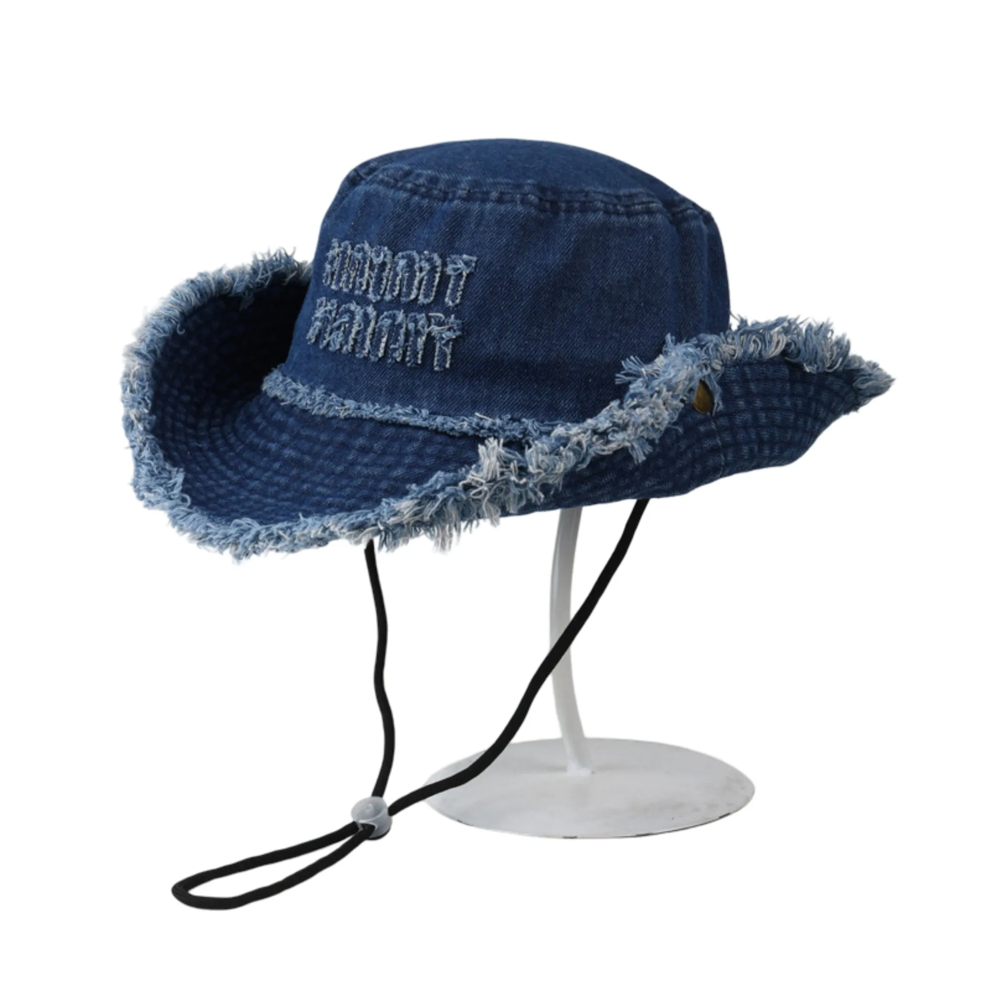 Anna-Kaci Denim Bucket Hat with Frayed Brim Embroidered Lettering and Adjustable Chin Strap sold by Anna-Kaci product image thumbnail 5