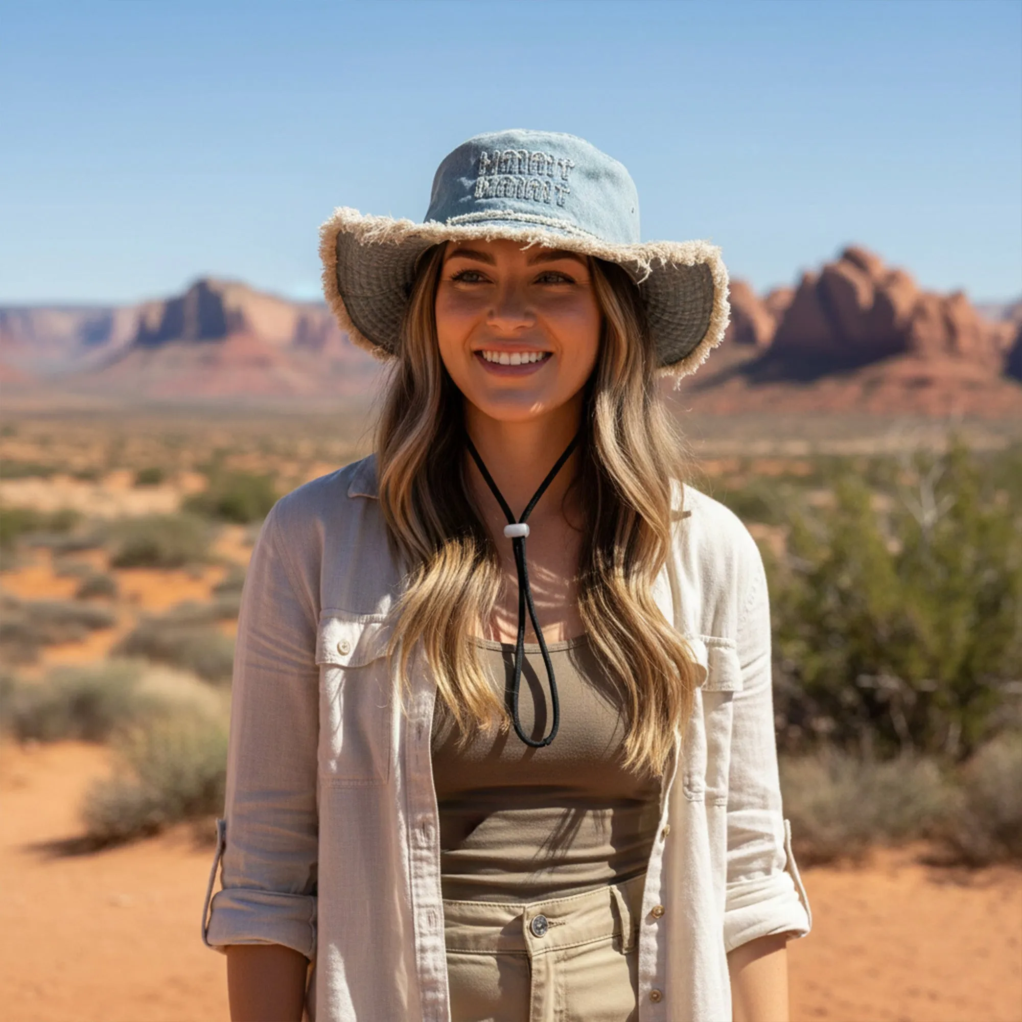 Anna-Kaci Denim Bucket Hat with Frayed Brim Embroidered Lettering and Adjustable Chin Strap sold by Anna-Kaci product image thumbnail 2