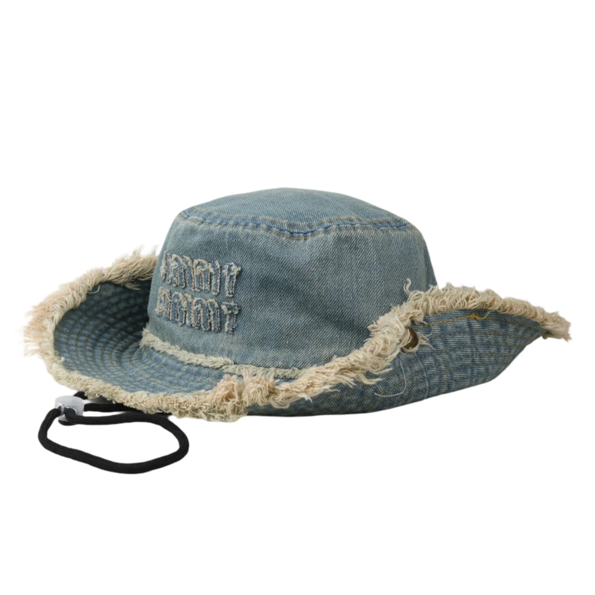 Anna-Kaci Denim Bucket Hat with Frayed Brim Embroidered Lettering and Adjustable Chin Strap sold by Anna-Kaci product image thumbnail 3
