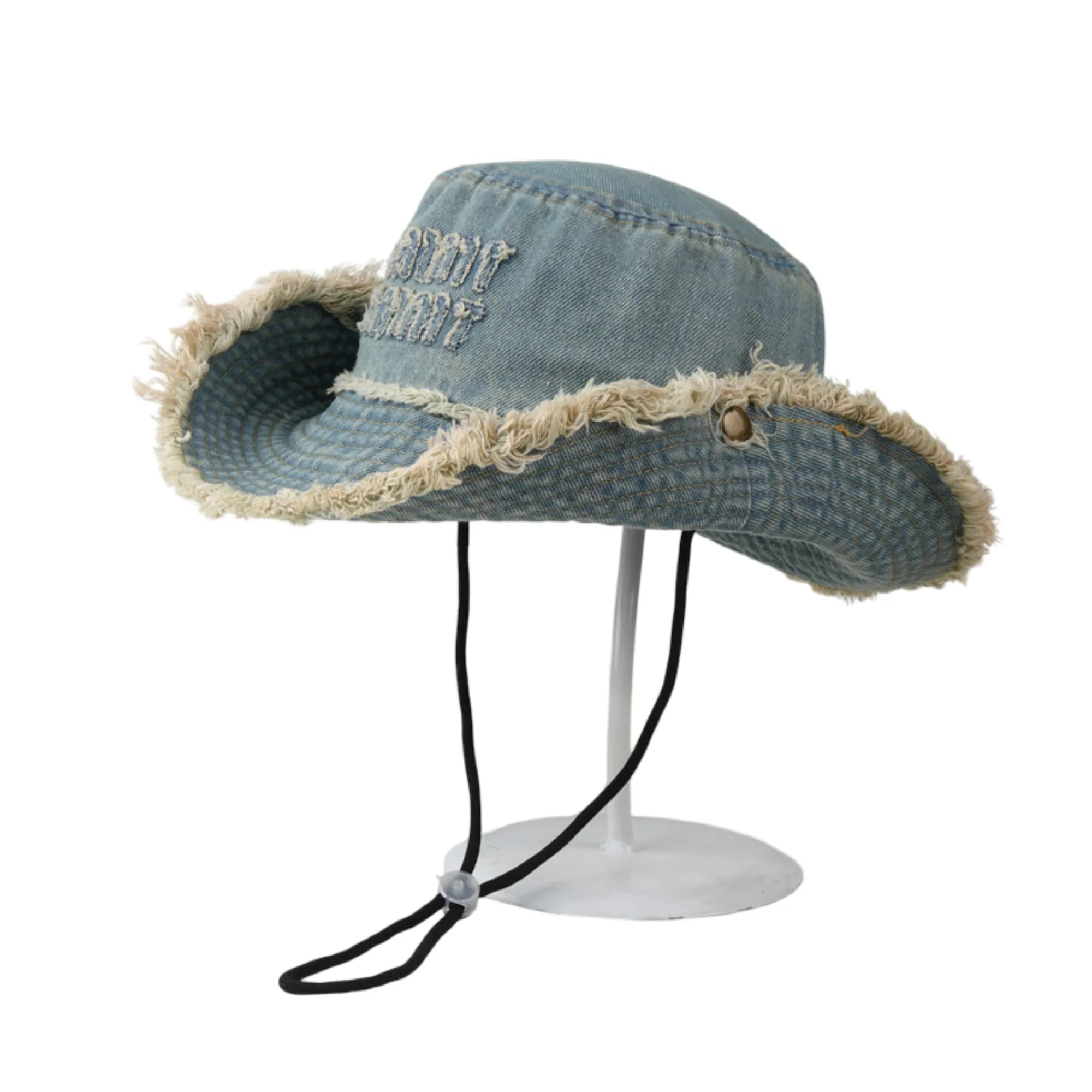 Anna-Kaci Denim Bucket Hat with Frayed Brim Embroidered Lettering and Adjustable Chin Strap sold by Anna-Kaci