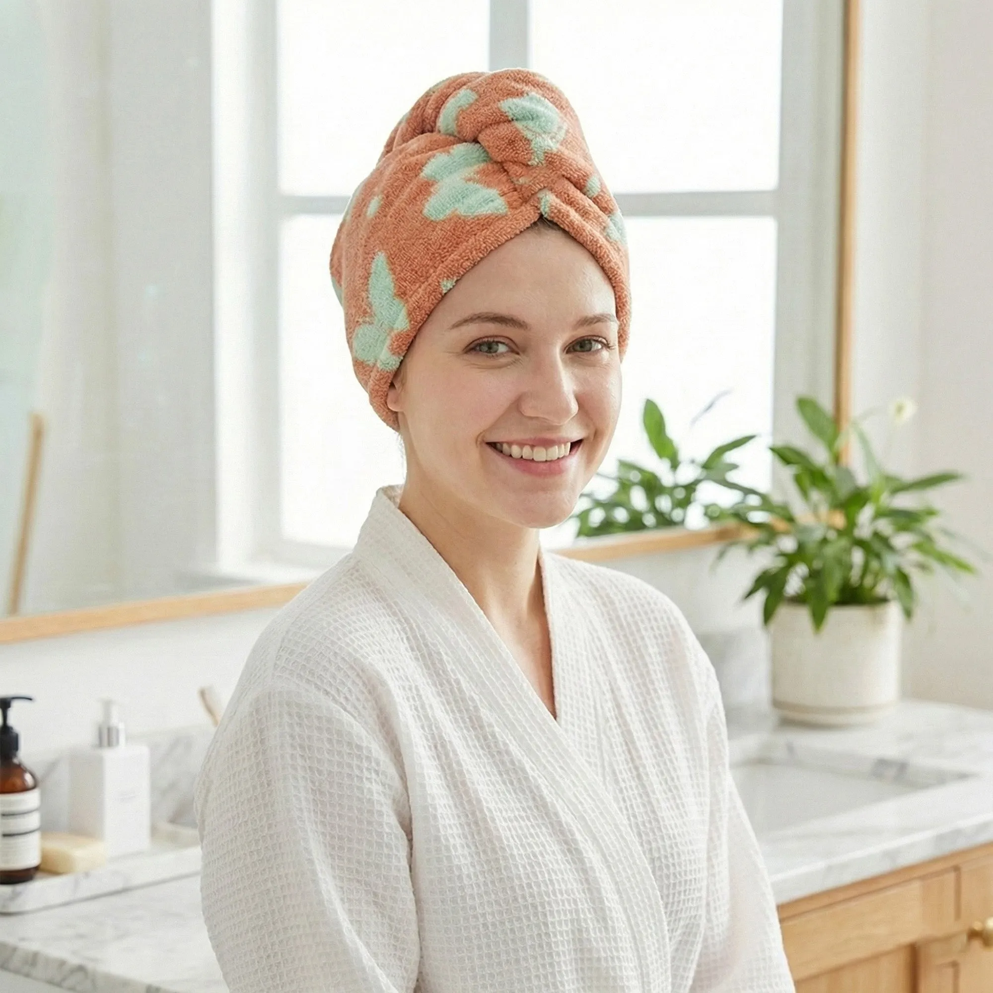 Anna-Kaci Plush Thickened Butterfly Jacquard Hair Drying Cap with Button Closure sold by Anna-Kaci product image thumbnail 2