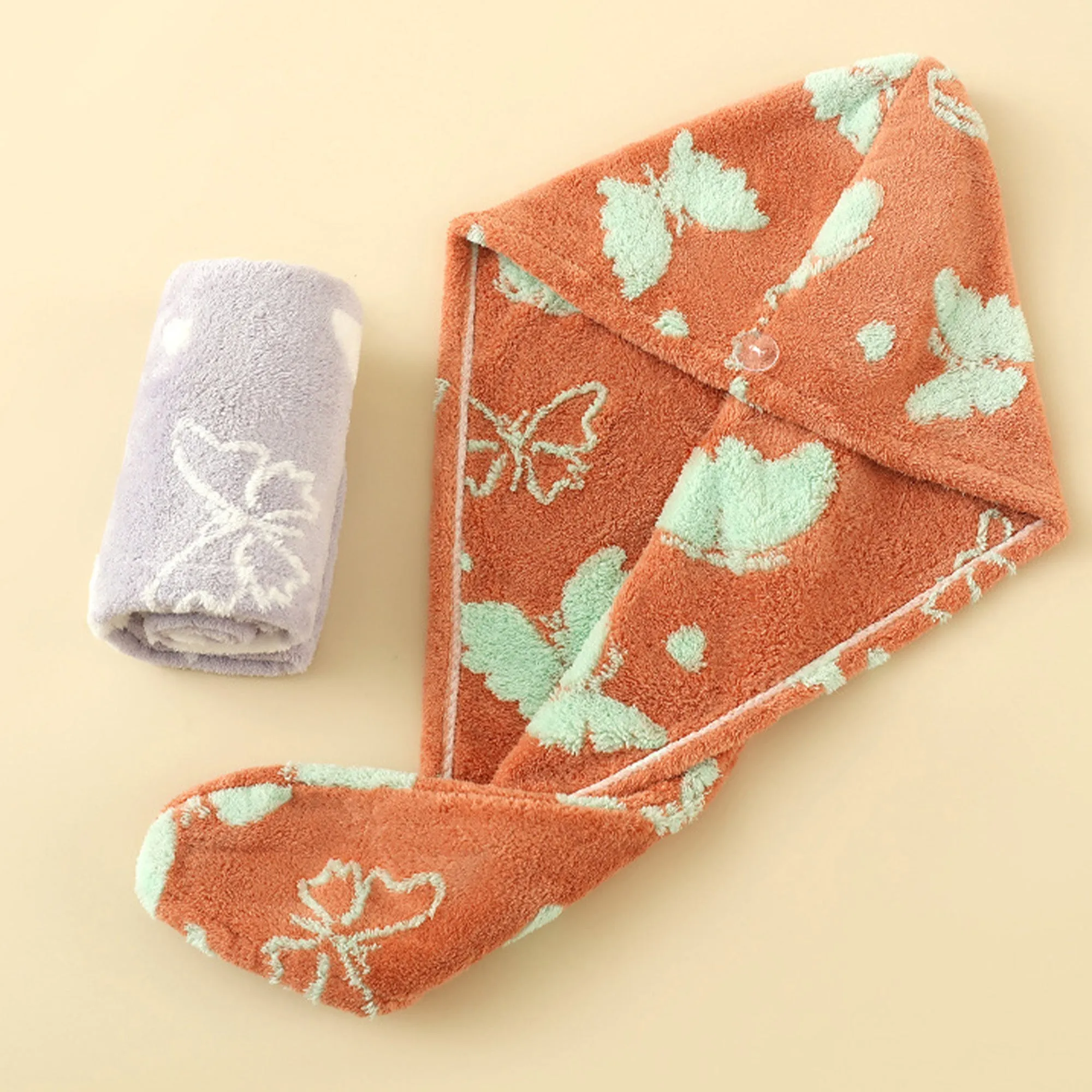 Anna-Kaci Plush Thickened Butterfly Jacquard Hair Drying Cap with Button Closure sold by Anna-Kaci product image thumbnail 3