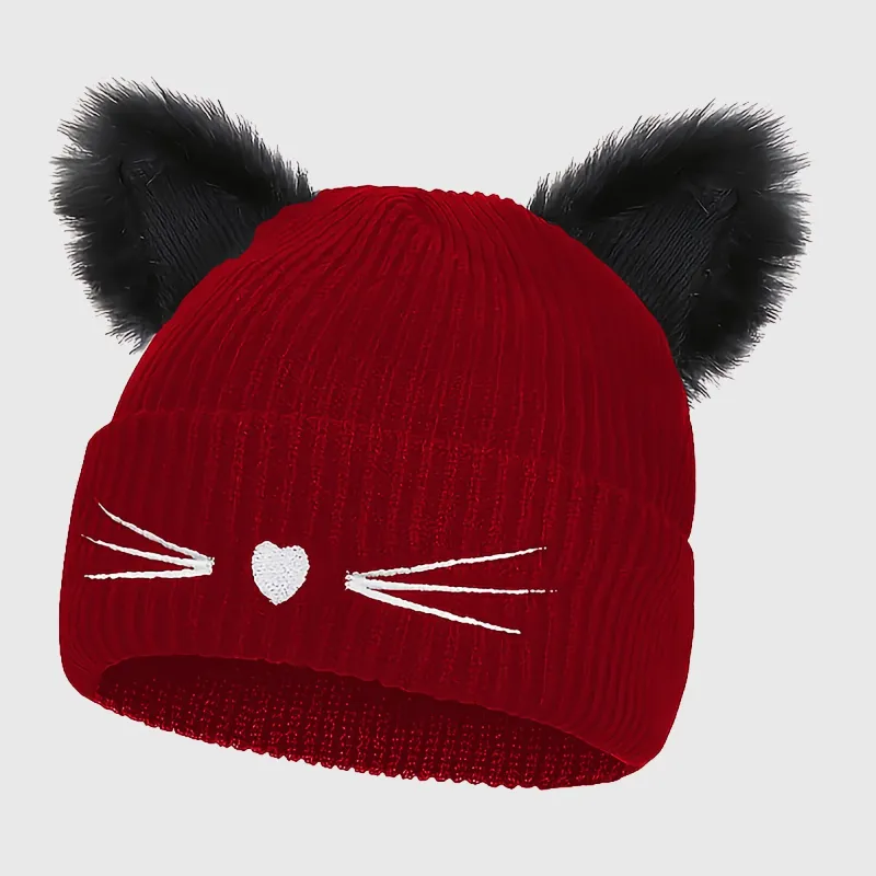 Anna-Kaci Women's Cat Ear Knit Beanie - Faux Fur Ears with Valentine Heart Whisker Embroidery for Cute Casual Winter Wear made by Anna-Kaci