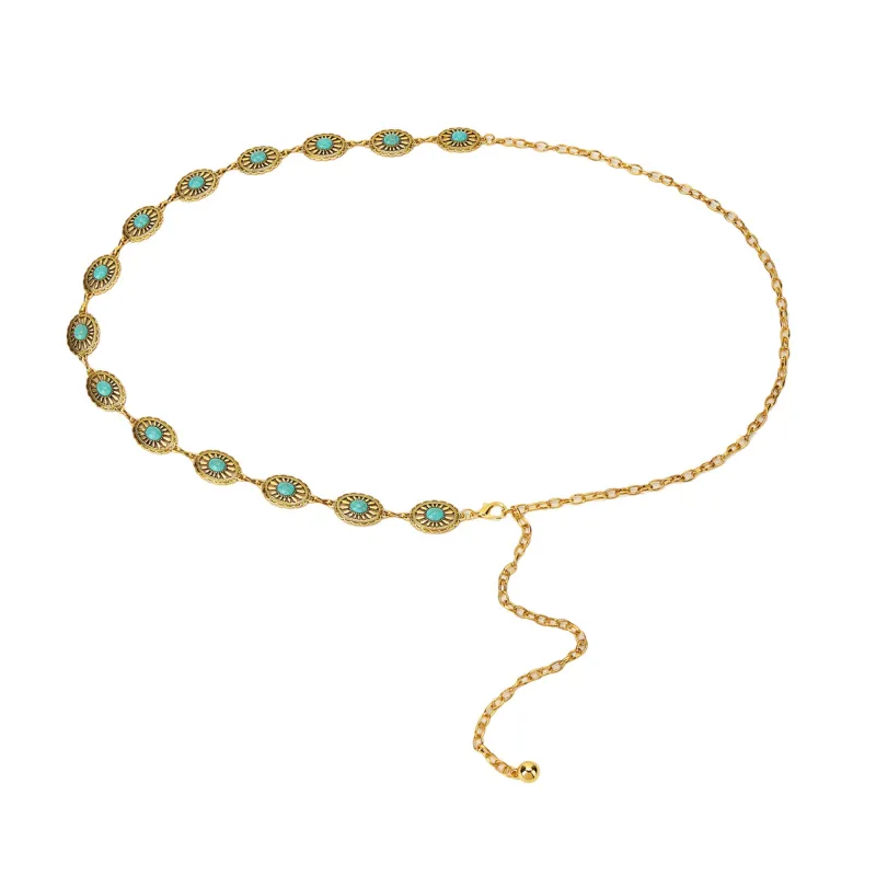 Anna-Kaci Vintage Adjustable Thin Chain Waist Belt with Turquoise Inspired Accents made by Anna-Kaci