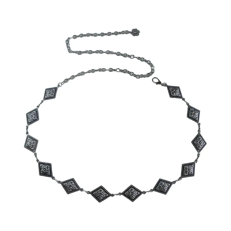 Anna-Kaci Vintage Inspired Engraved Metal Waist Chain with Floral Square Links 44 inches made by Anna-Kaci