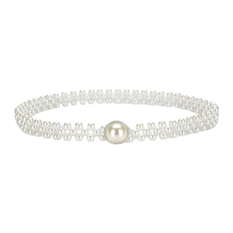 Anna-Kaci Womens Elastic Pearl Waist Belt with Center Pearl Accent made by Anna-Kaci