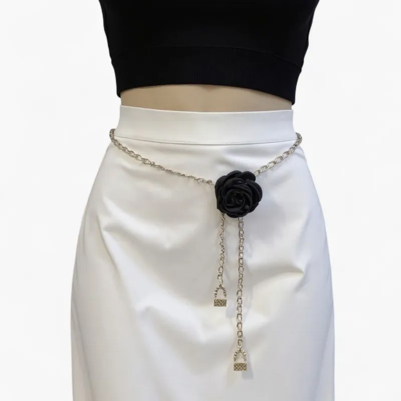 Anna-Kaci Women's Rose Flower Chain Belt with Hanging Lock Charms and Adjustable Drape Design 45.5in made by Anna-Kaci