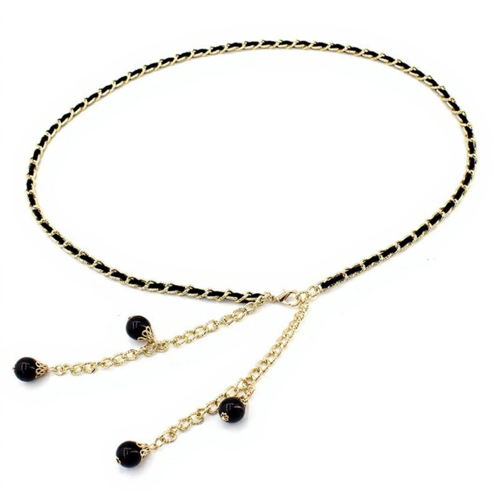 Anna-Kaci Women's Chain Link Belt with Interwoven Detail and Hanging Bead Charms 45.5in sold by Anna-Kaci