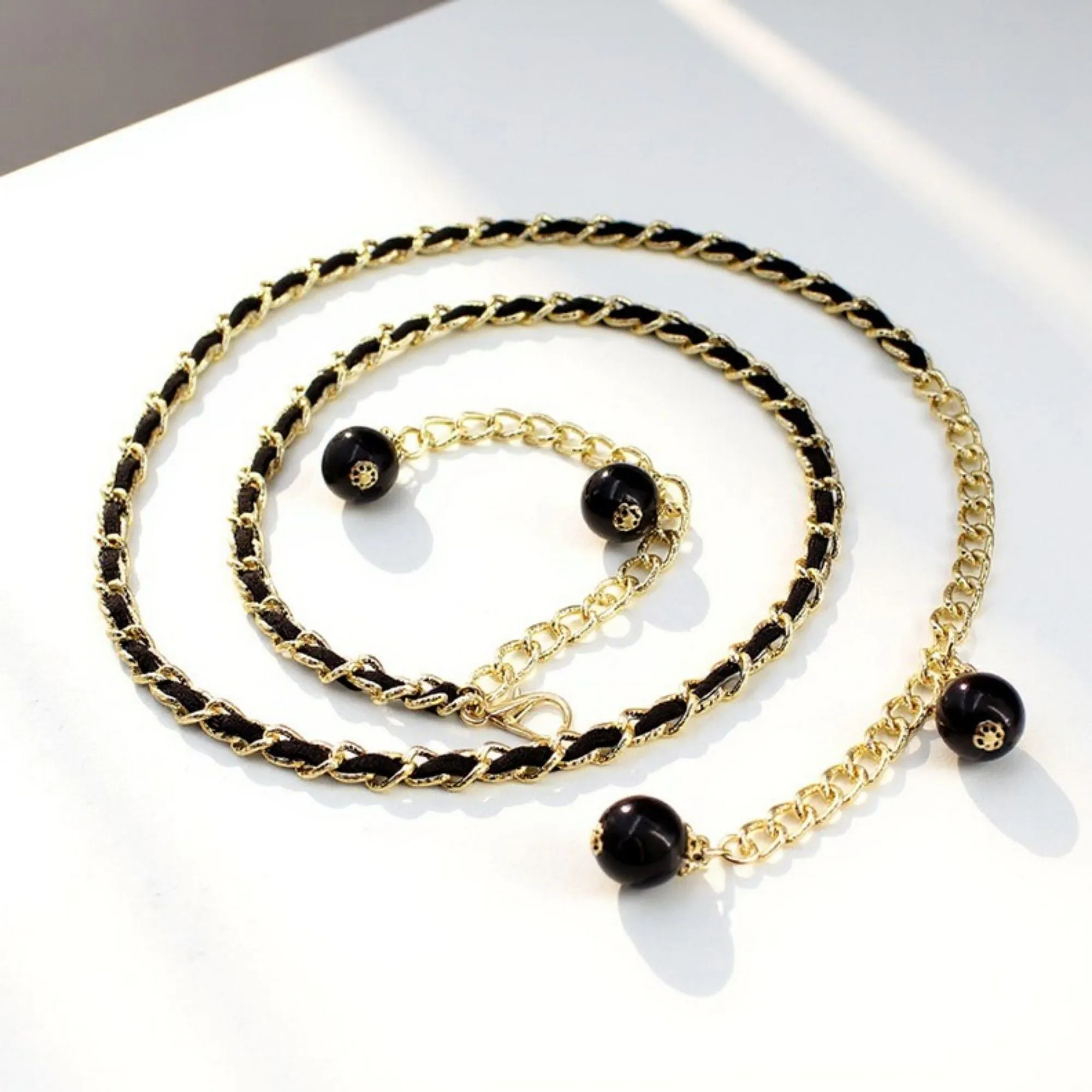 Anna-Kaci Women's Chain Link Belt with Interwoven Detail and Hanging Bead Charms 45.5in sold by Anna-Kaci product image thumbnail 2