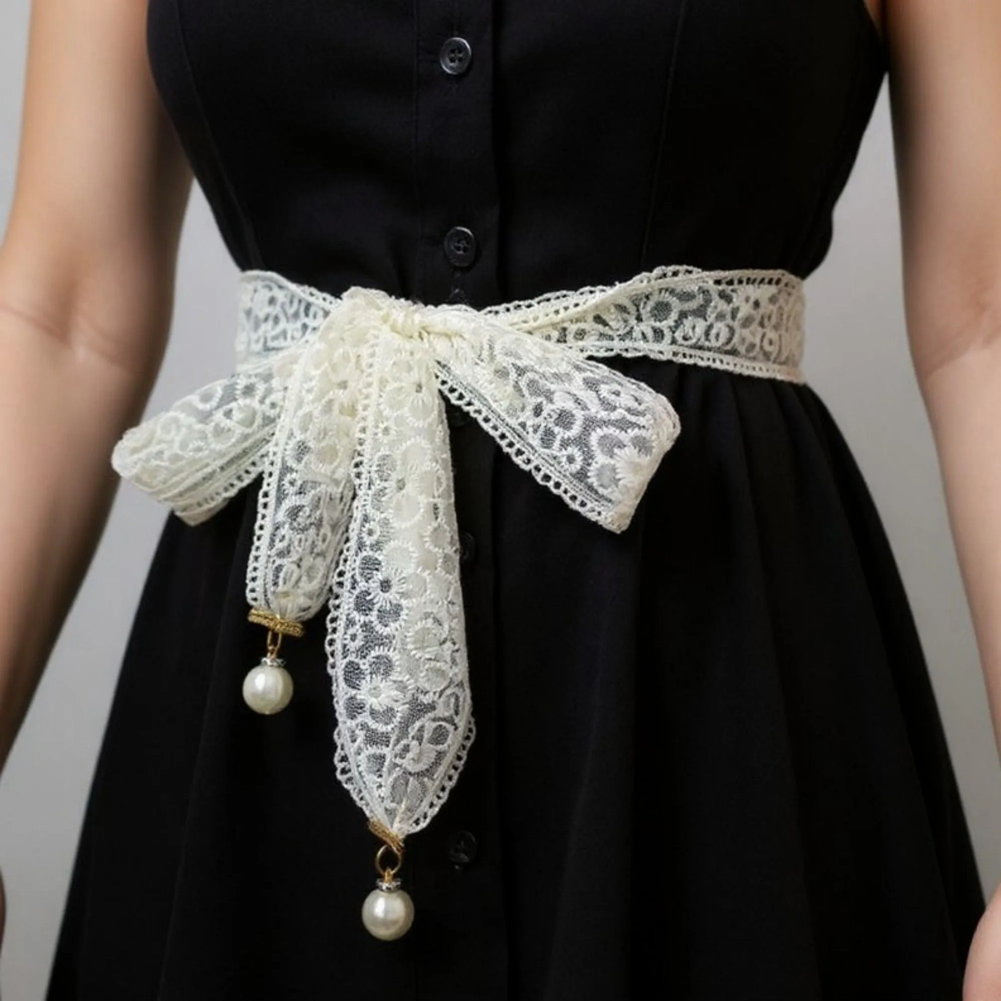 Anna-Kaci Women's Floral Lace Ribbon Belt with Oversized Bow and Pearl Drop Details 59in sold by Anna-Kaci