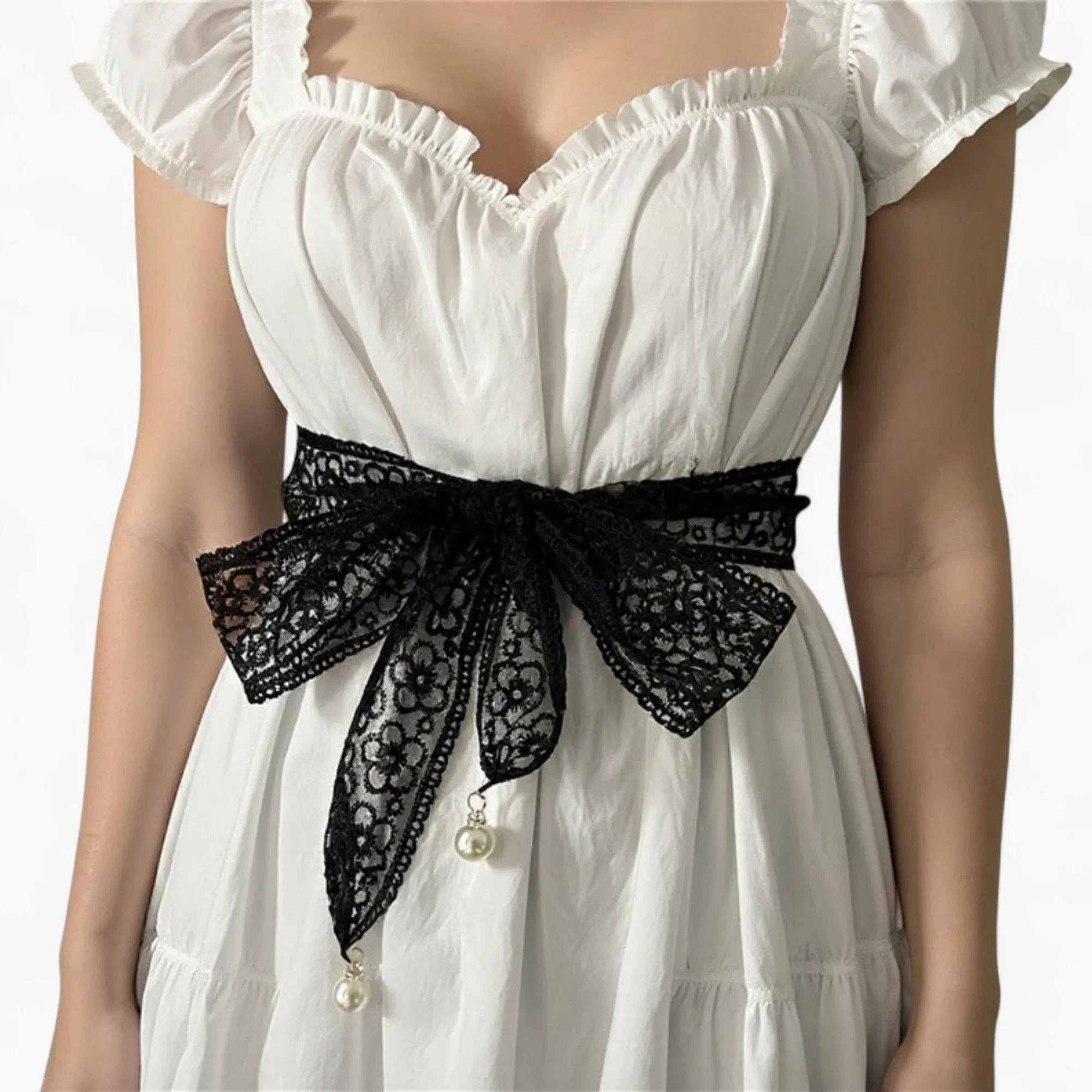 Anna-Kaci Women's Floral Lace Ribbon Belt with Oversized Bow and Pearl Drop Details 59in sold by Anna-Kaci product image thumbnail 5