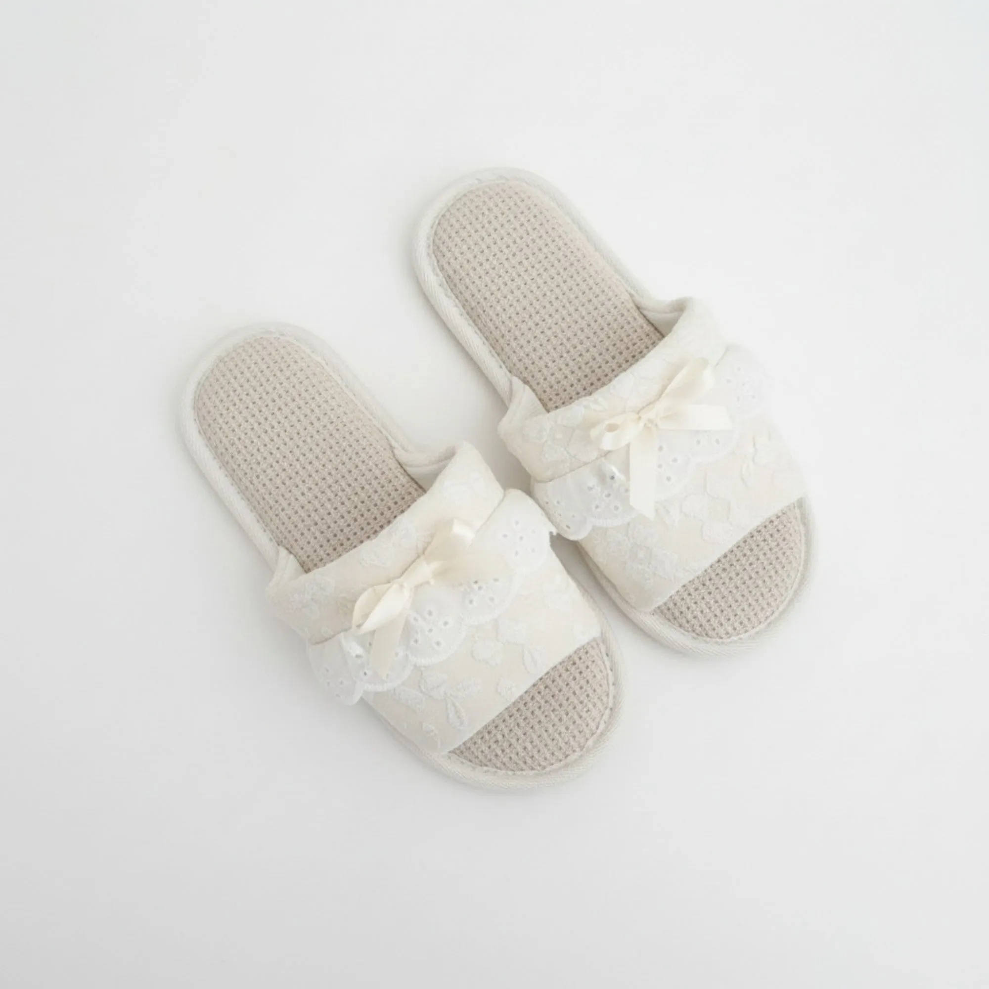 Anna-Kaci Lounge Women¡¯s Textured Slide Slippers with Valentine Lace Trim Bow Detail and Cushioned Footbed sold by Anna-Kaci