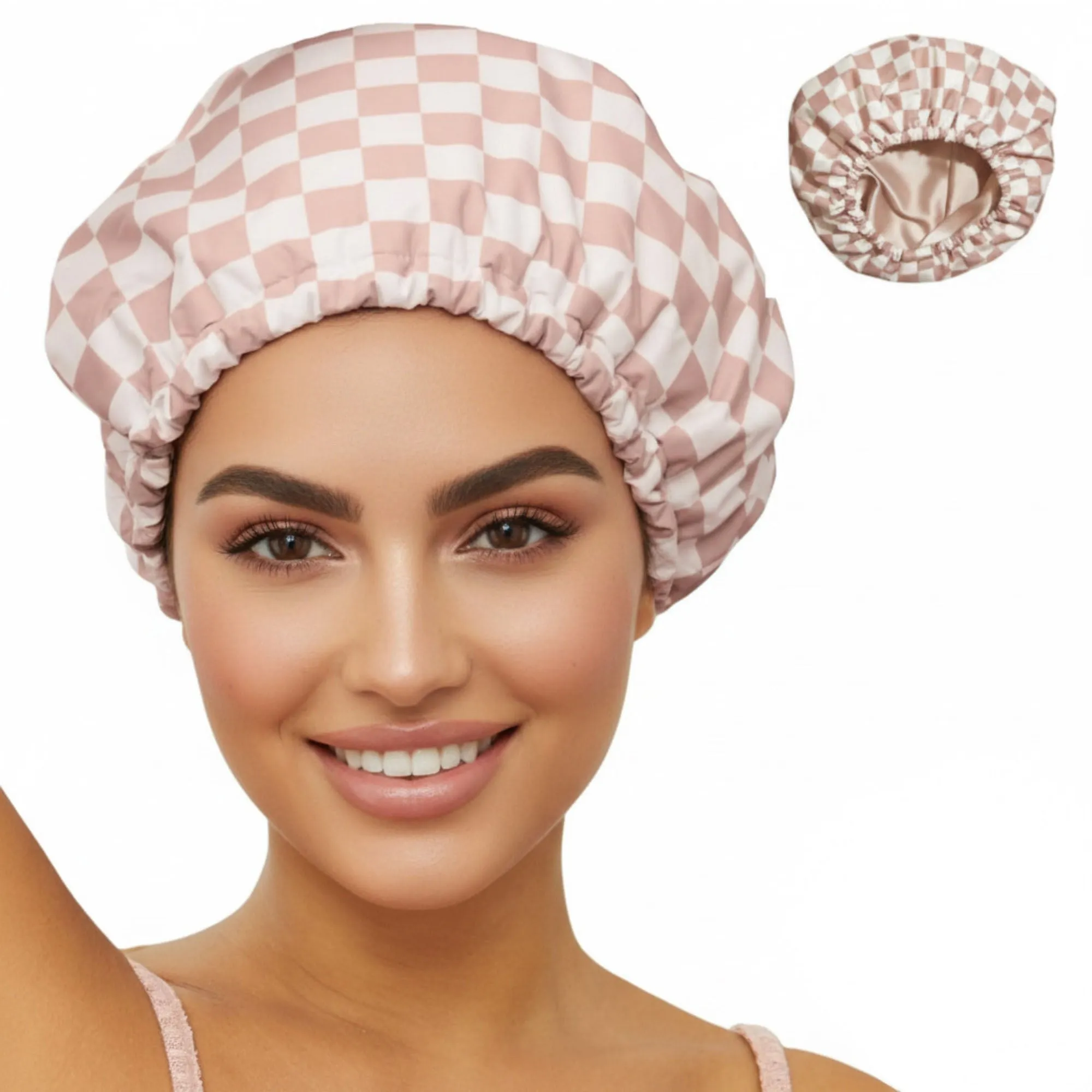 Anna-Kaci Women¡¯s Satin Checkered Hair Bonnet with Soft Elastic Band for Comfortable Sleep and Frizz Control sold by Anna-Kaci product image thumbnail 5