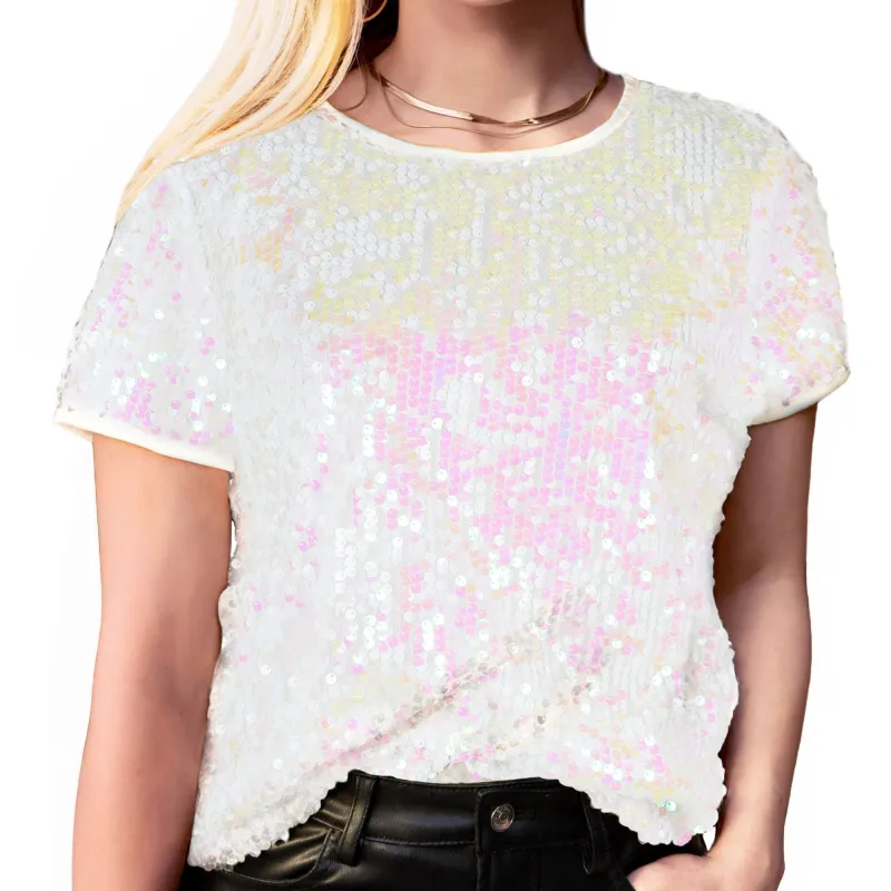 Anna-Kaci Glitter Sequin Fashion Style Tops Short Sleeve Sparkly Binding Shirt Blouse made by Anna-Kaci