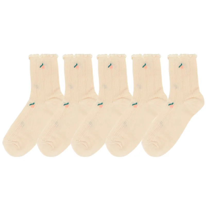 Anna-Kaci Women's 5-Pair Set Ruffle Ankle Socks with Floral Embroidery and Breathable Knit Design for Flats or Mary Janes sold by Anna-Kaci