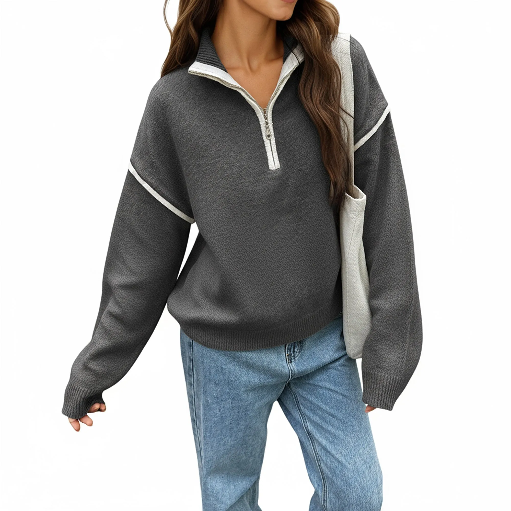 Anna-Kaci Women's Long Sleeve Pullover Knit Top with Quarter Zip Front Contrast Trim and Ribbed Hem sold by Anna-Kaci