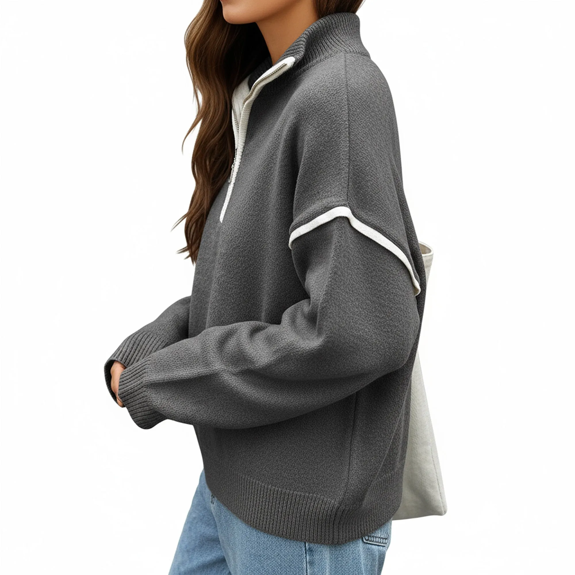 Anna-Kaci Women's Long Sleeve Pullover Knit Top with Quarter Zip Front Contrast Trim and Ribbed Hem sold by Anna-Kaci product image thumbnail 2