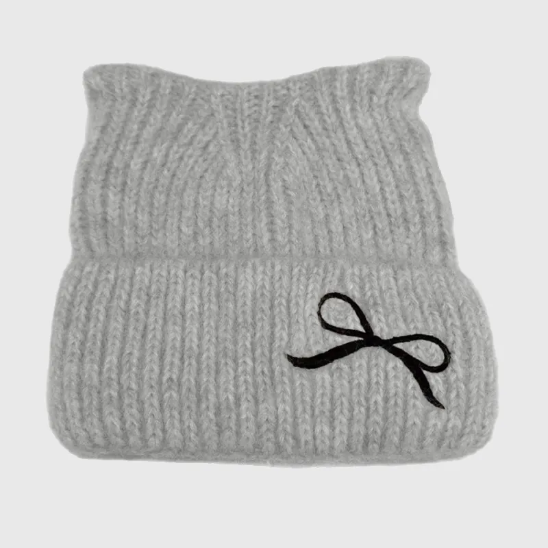 Anna-Kaci Women's Cat Ear Knit Beanie - Fluffy Faux Fur Hat with Bow Embroidery made by Anna-Kaci
