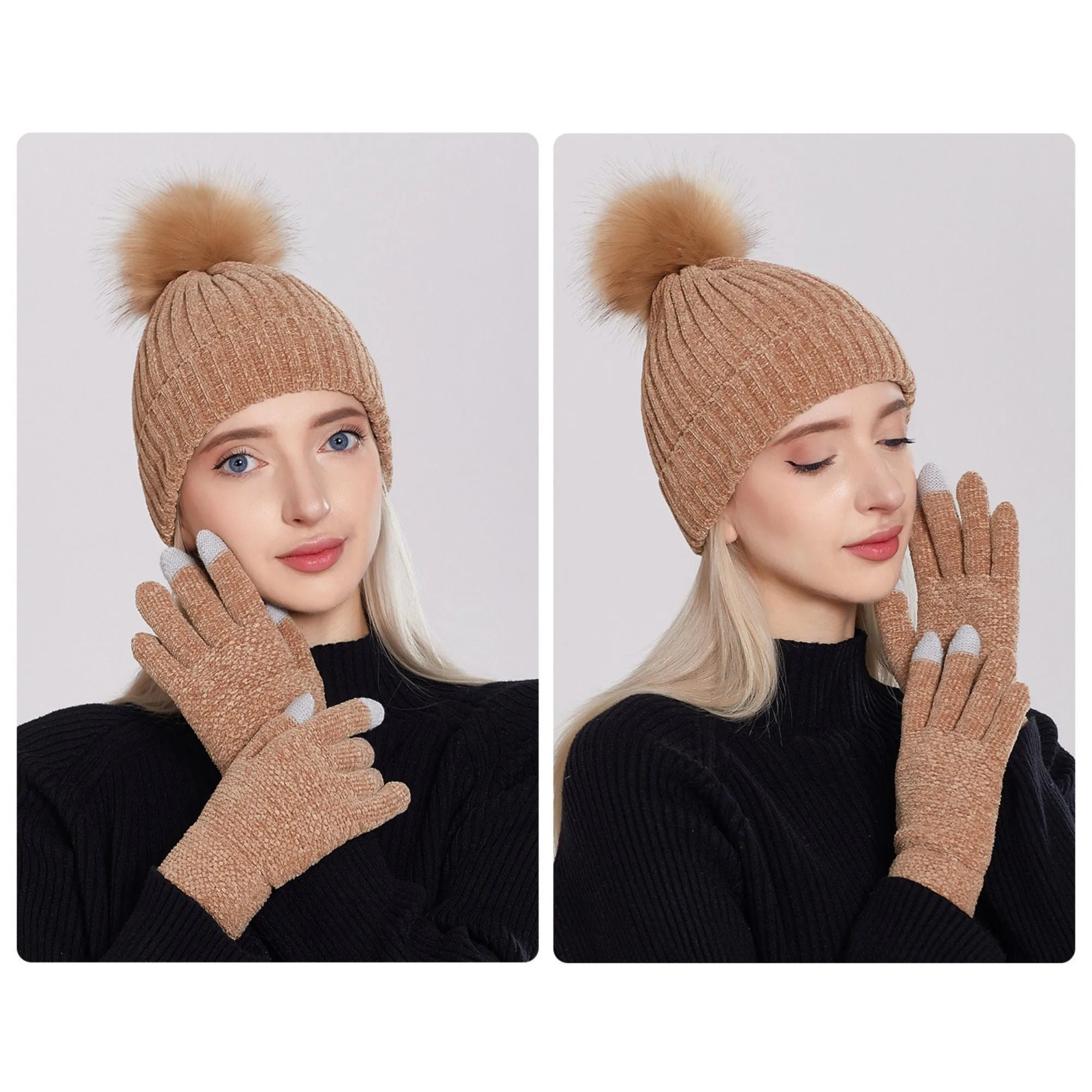 Anna-Kaci Knit Beanie and Touchscreen Gloves 2-Piece Winter Accessory Set with Ribbed Cuff Design and Fluffy Pom Pom Detail sold by Anna-Kaci product image thumbnail 5