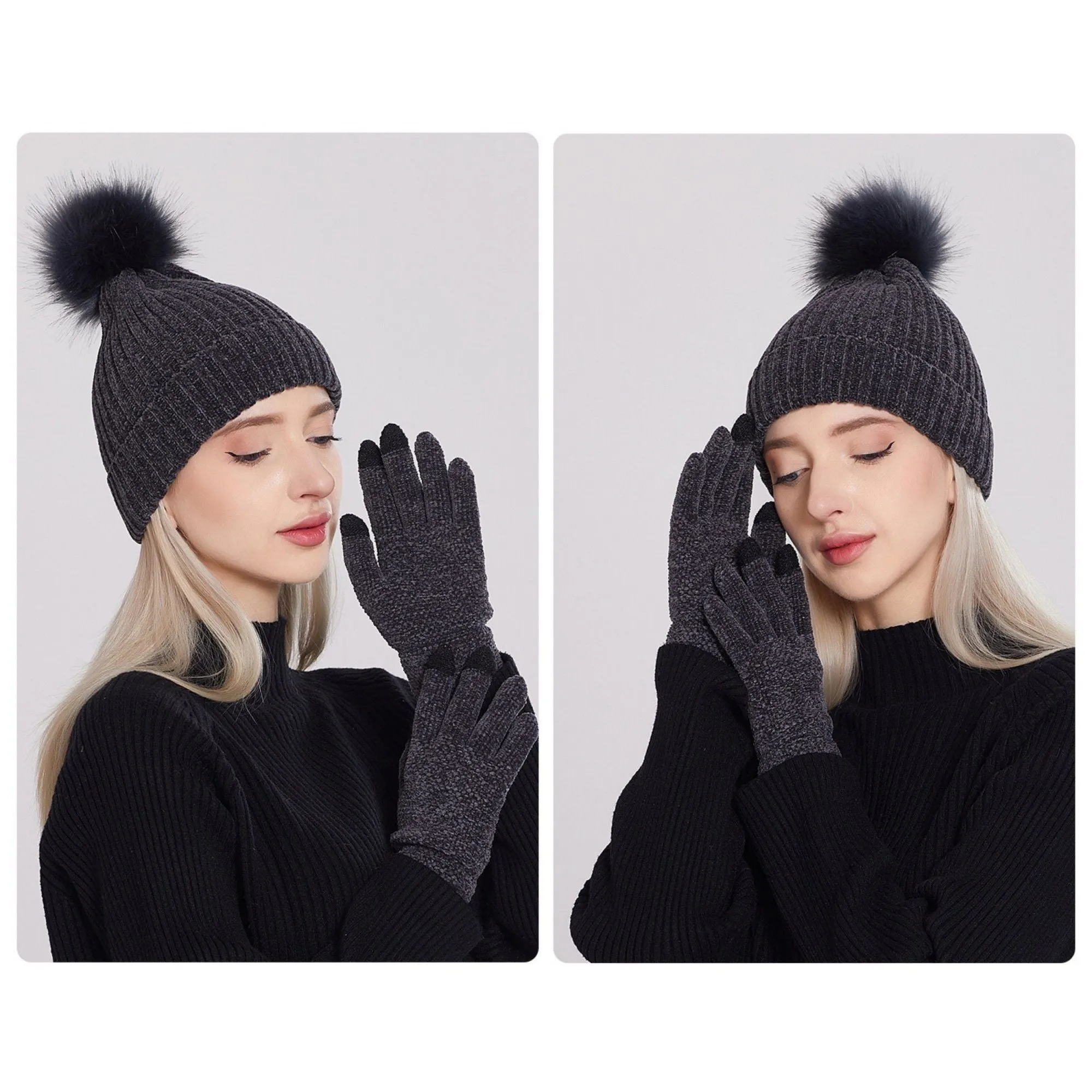 Anna-Kaci Knit Beanie and Touchscreen Gloves 2-Piece Winter Accessory Set with Ribbed Cuff Design and Fluffy Pom Pom Detail sold by Anna-Kaci product image thumbnail 2