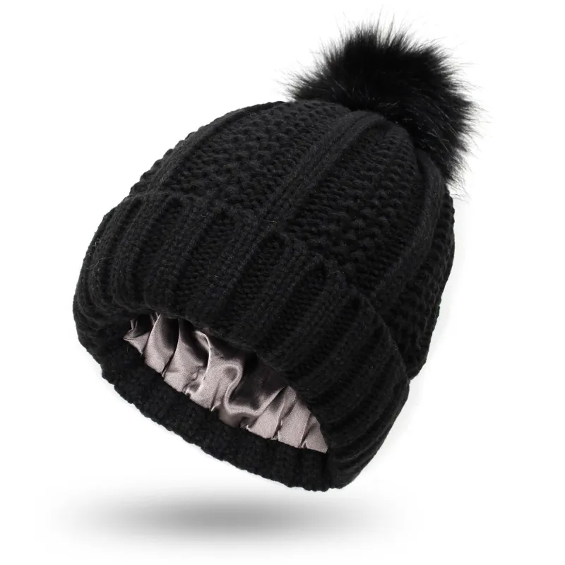 Anna-Kaci Women's Soft Knit Winter Beanie Hat with Satin-Lined Interior Ribbed Texture and Fluffy Pom Detail sold by Anna-Kaci